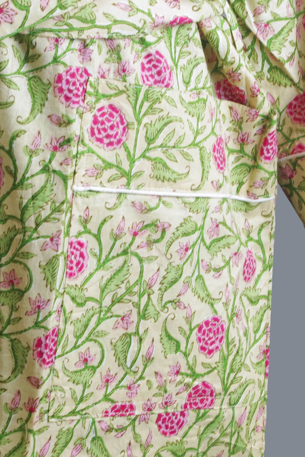 Pink Floral On Beige Background Cotton Kimono Dressing Gown