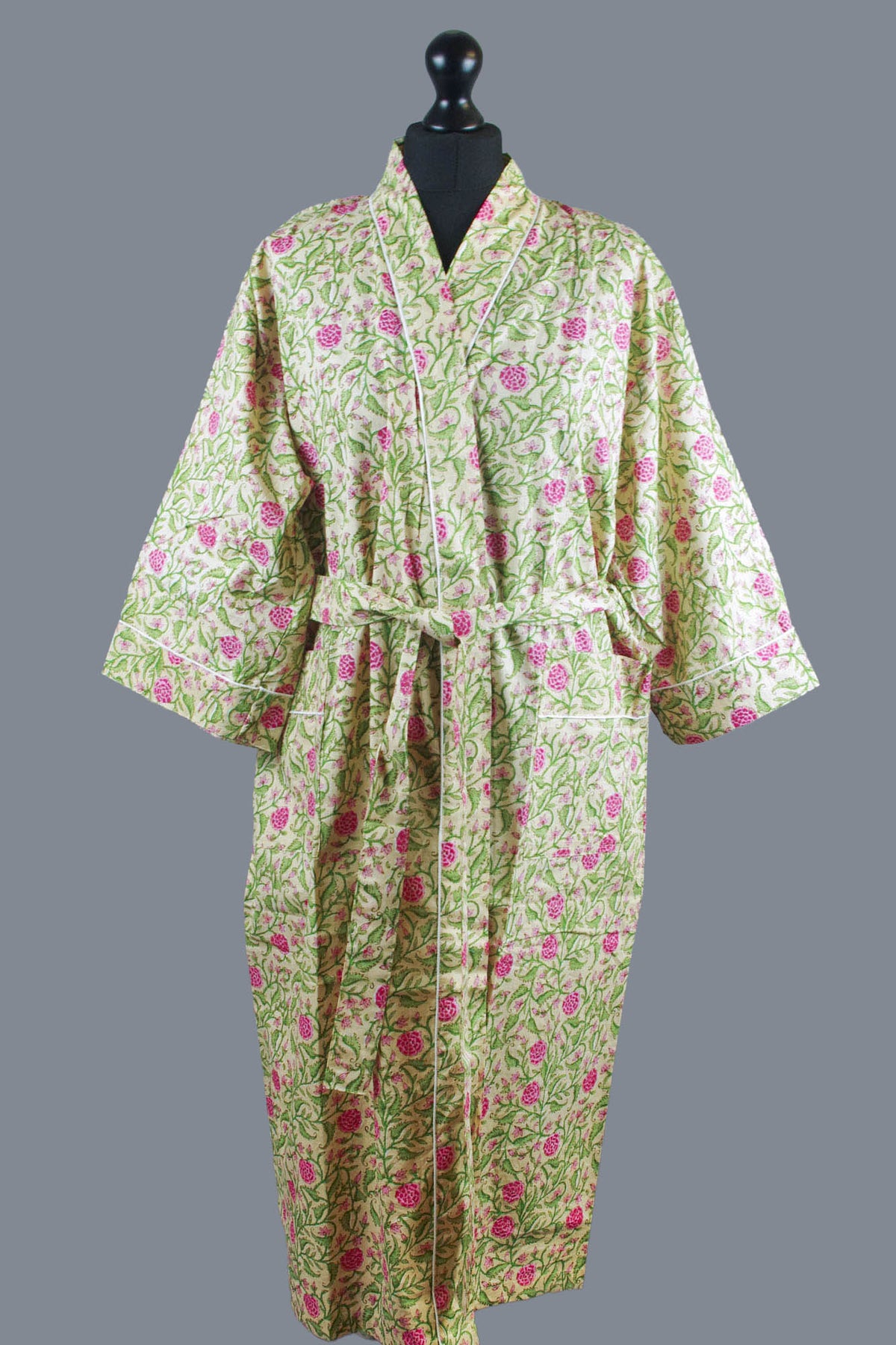Pink Floral On Beige Background Cotton Kimono Dressing Gown