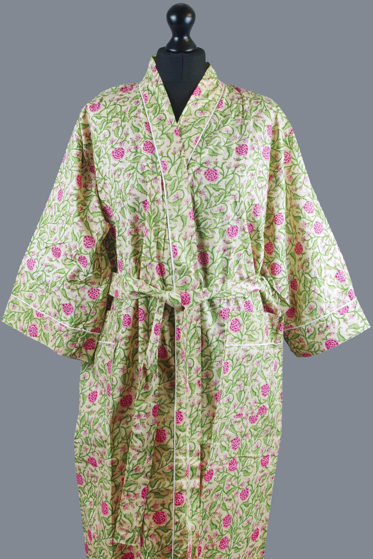 Pink Floral On Beige Background Cotton Kimono Dressing Gown
