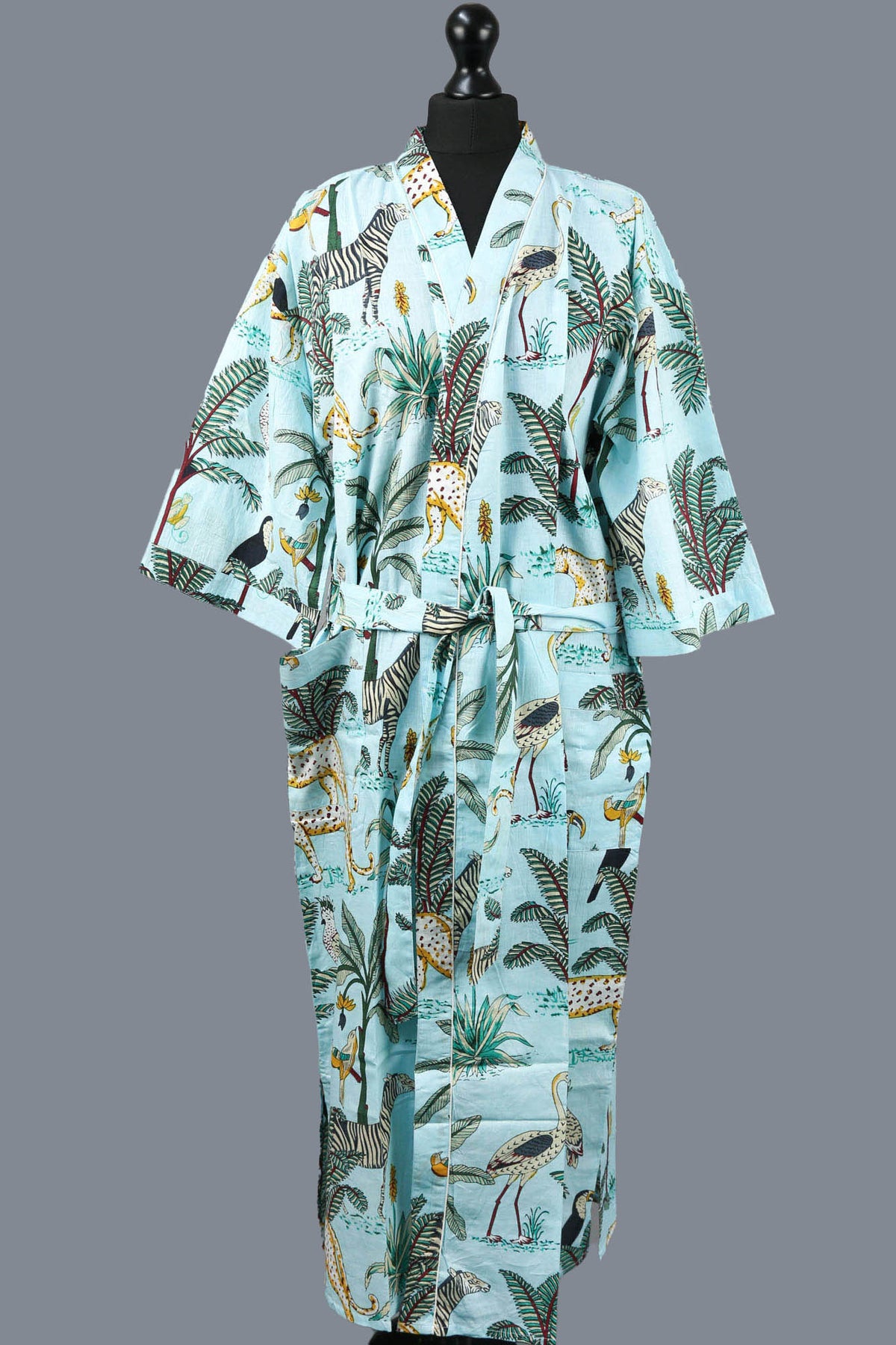 Kimono-Morgenmantel aus Safari-Tier auf Aqua-Baumwolle
