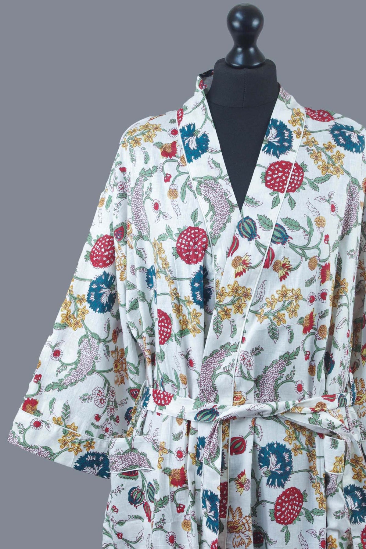 White Wild Flowers Long Cotton Kimono Dressing Gown