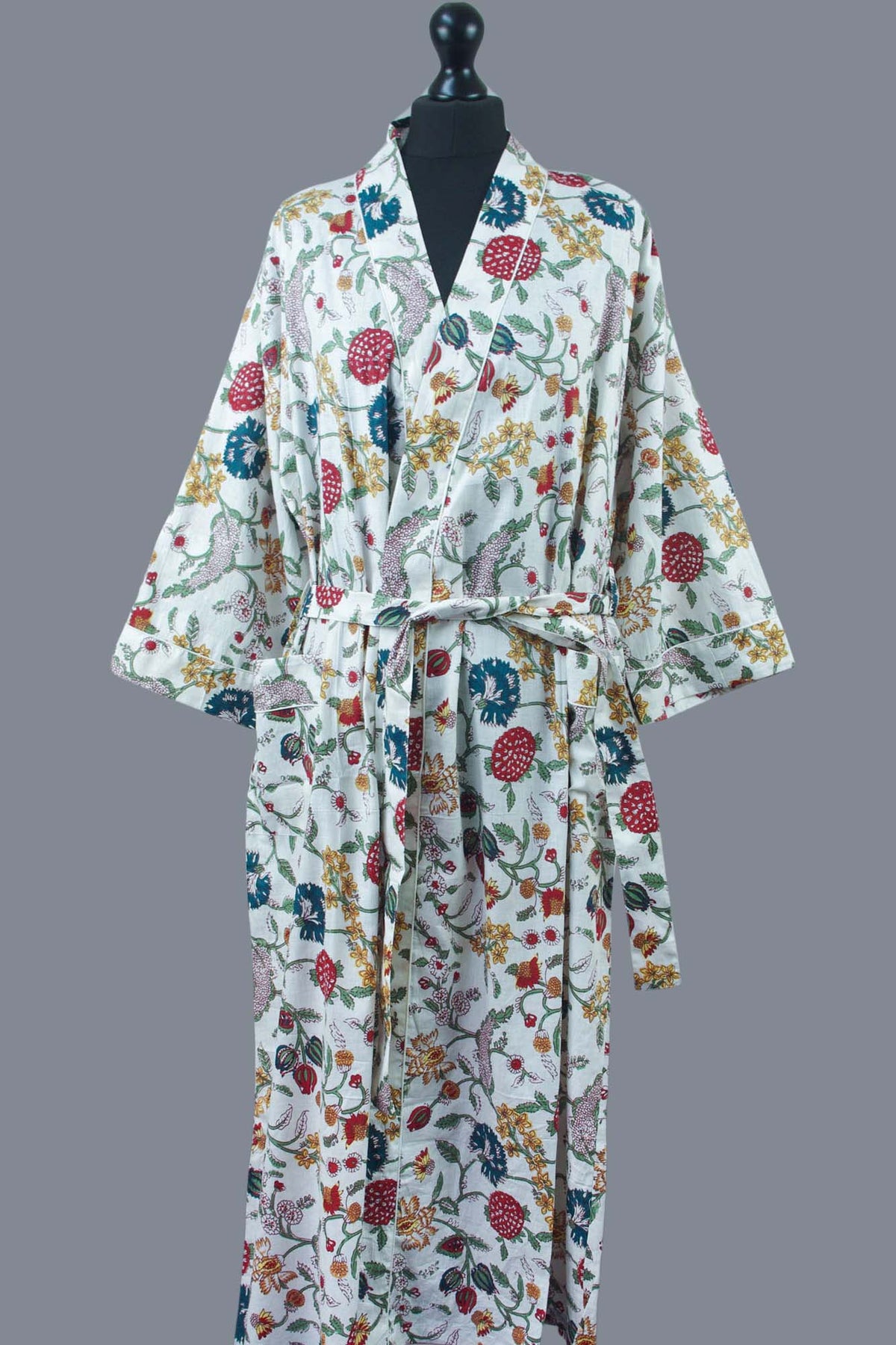 White Wild Flowers Long Cotton Kimono Dressing Gown