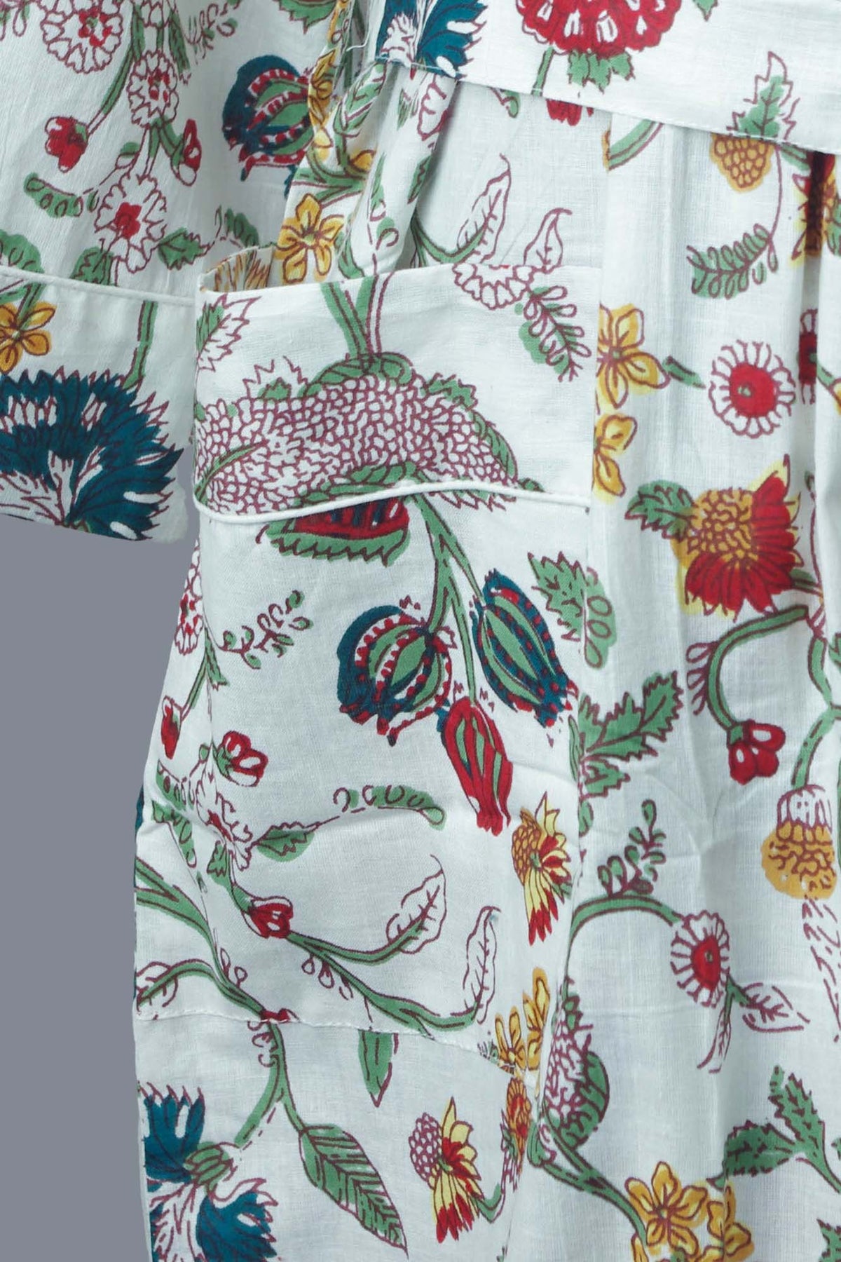 White Wild Flowers Long Cotton Kimono Dressing Gown