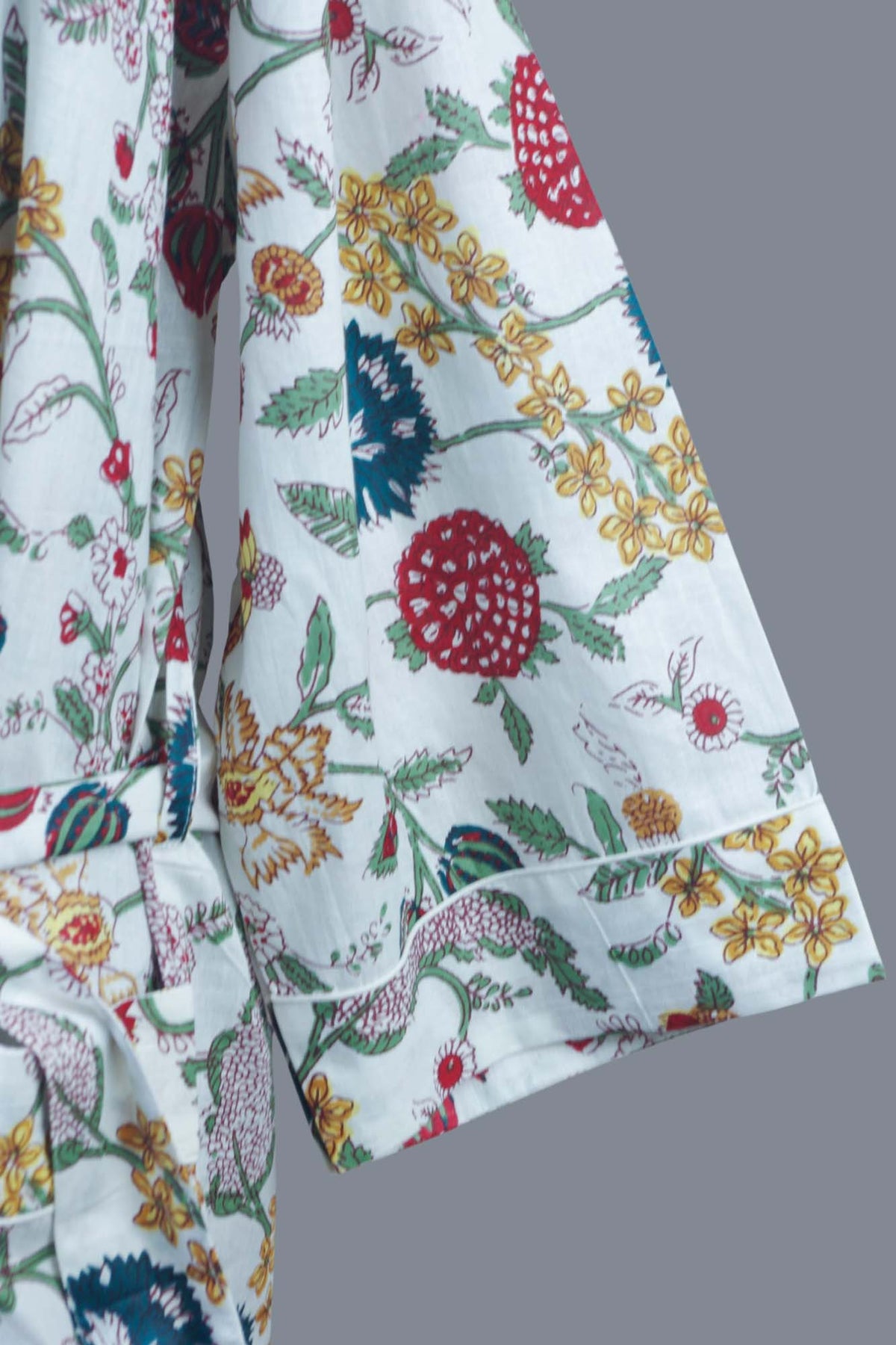 White Wild Flowers Long Cotton Kimono Dressing Gown