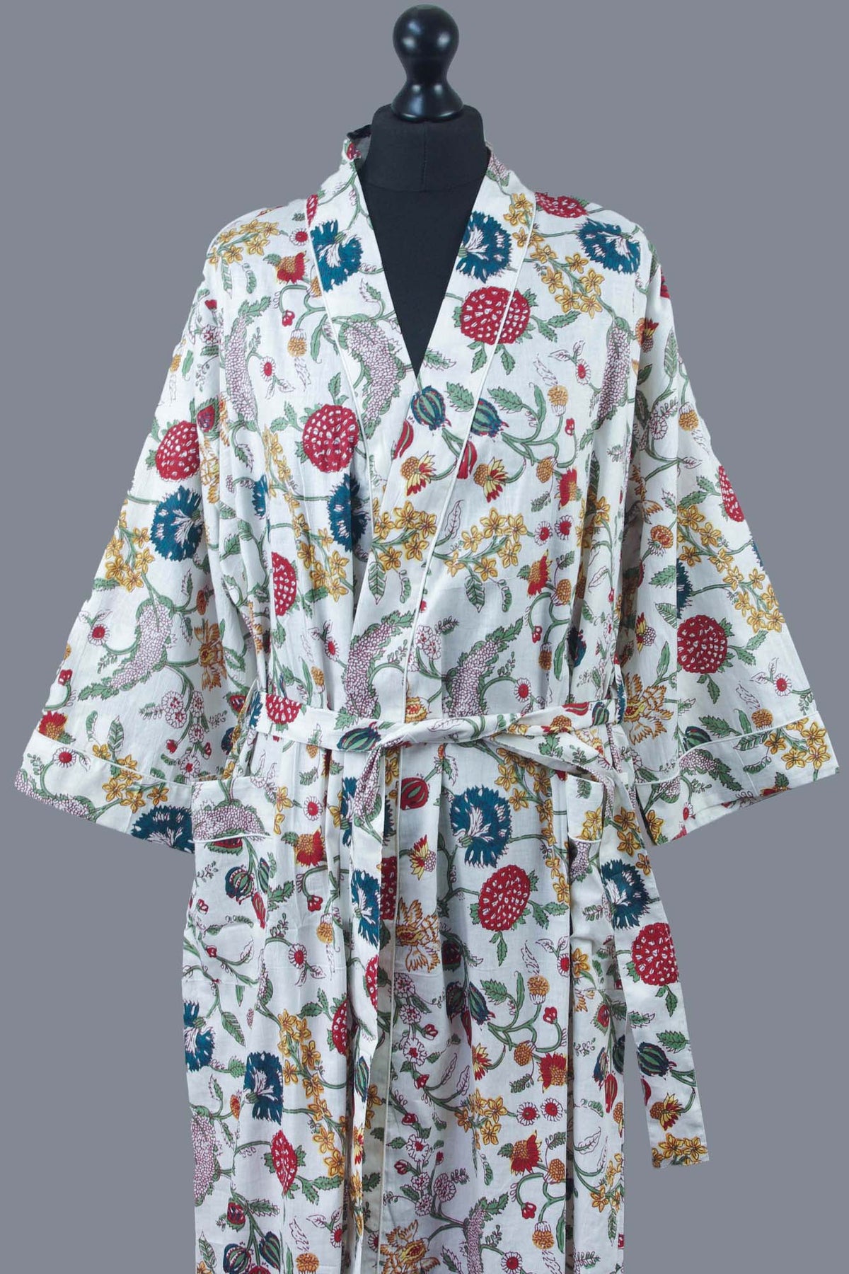 White Wild Flowers Long Cotton Kimono Dressing Gown