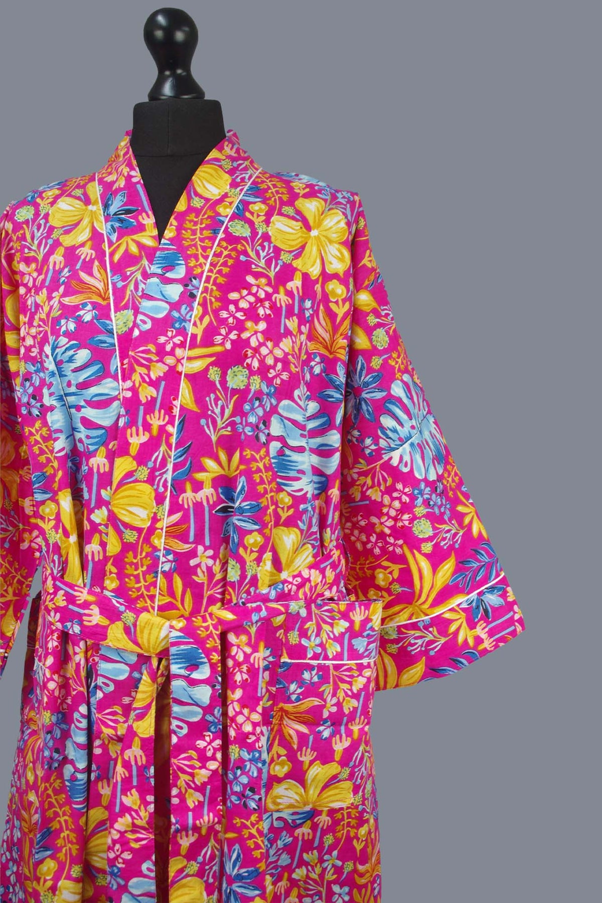 Multi Colour Pink Botanical Cotton Kimono Dressing Gown