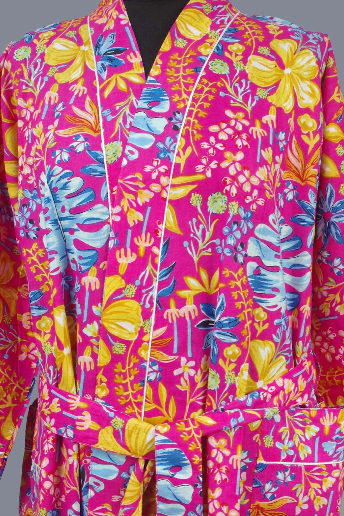 Multi Colour Pink Botanical Cotton Kimono Dressing Gown