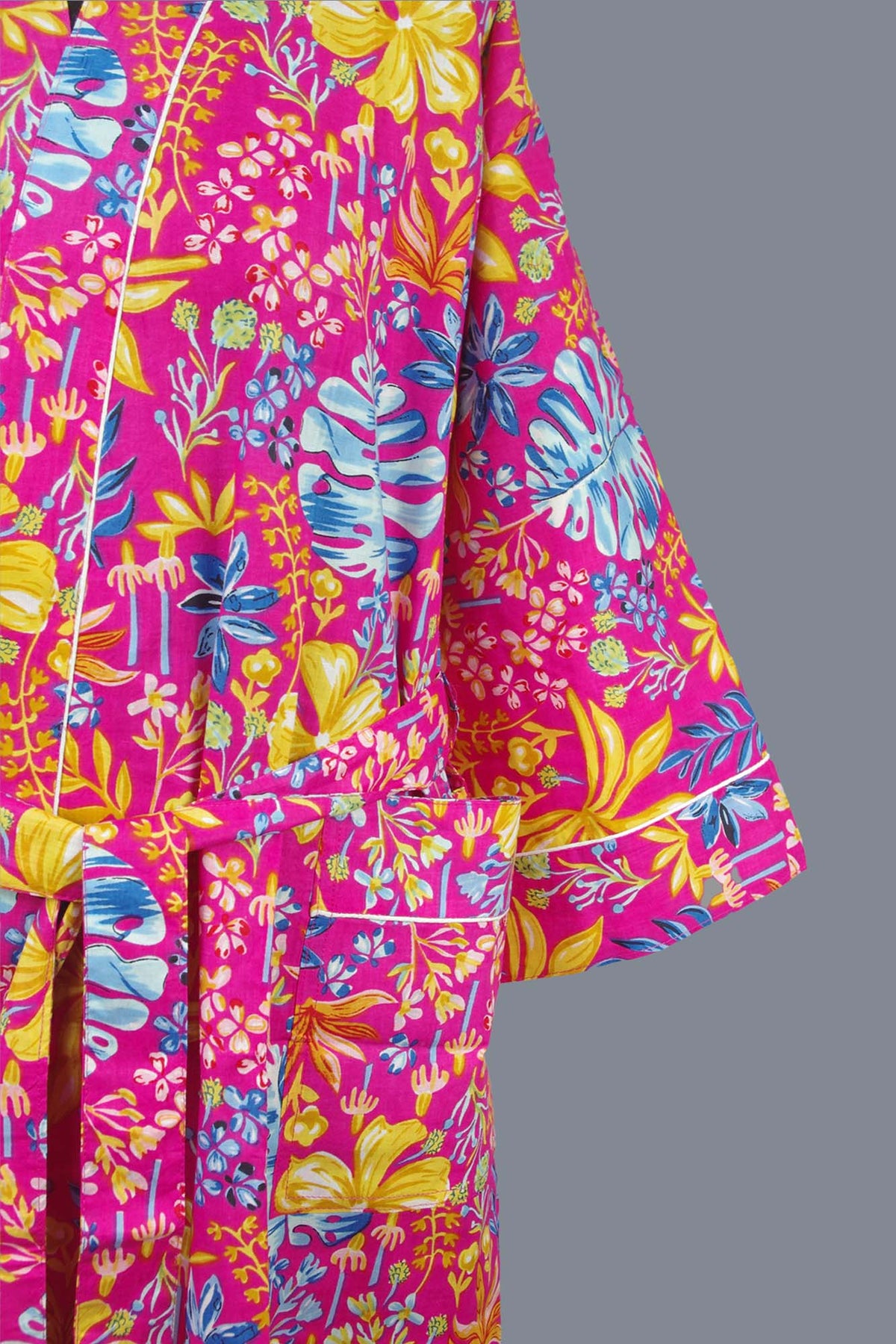 Multi Colour Pink Botanical Cotton Kimono Dressing Gown
