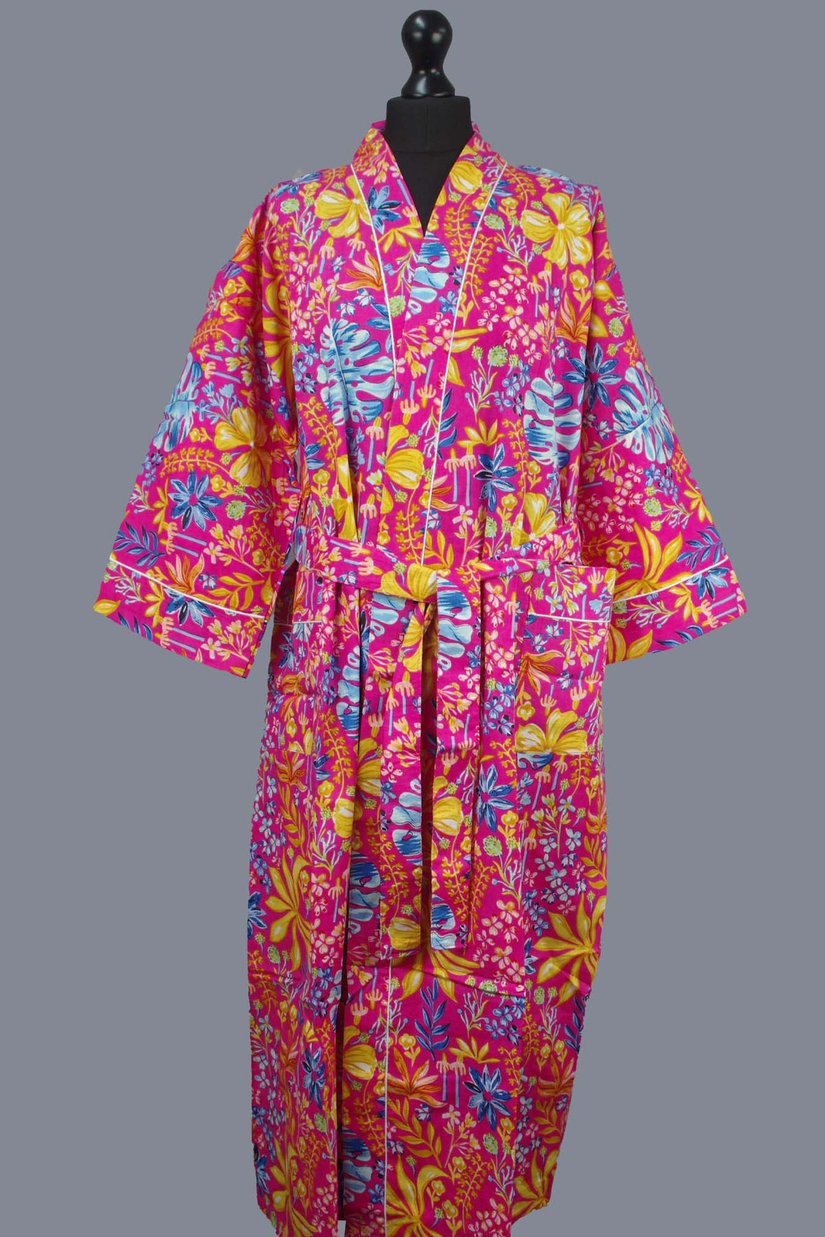 Multi Colour Pink Botanical Cotton Kimono Dressing Gown