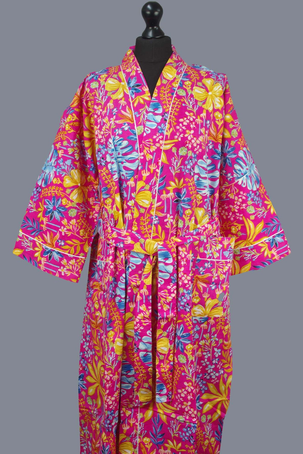 Multi Colour Pink Botanical Cotton Kimono Dressing Gown