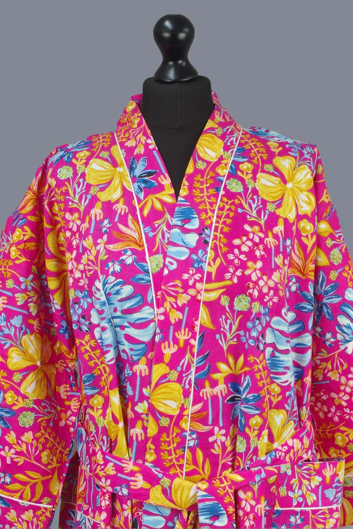 Multi Colour Pink Botanical Cotton Kimono Dressing Gown