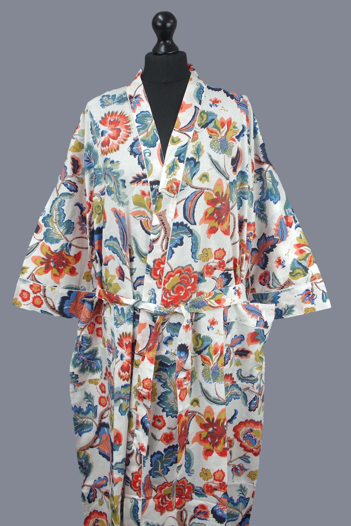 White Paradise Bloom Print Cotton Kimono Dressing Gown
