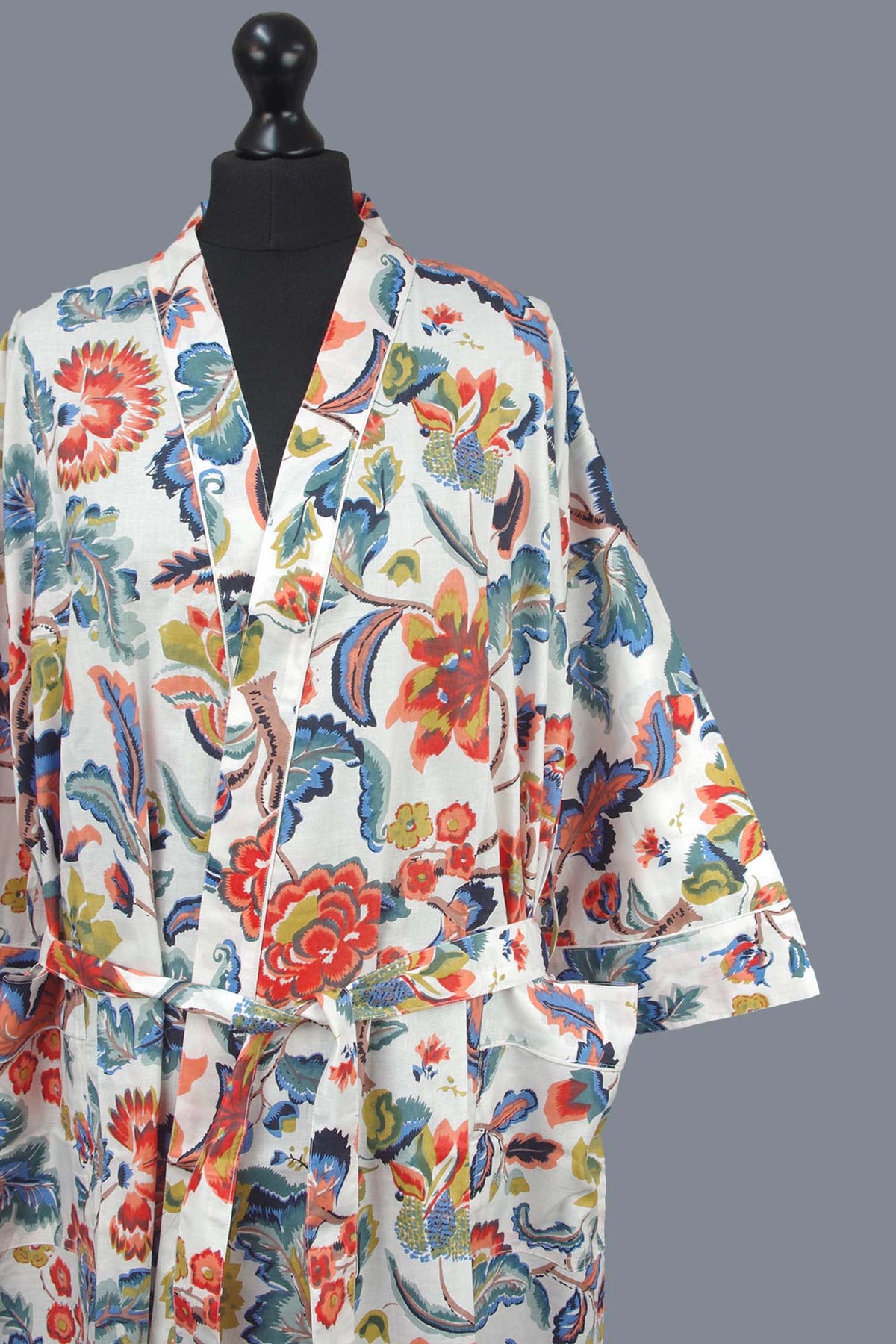 White Paradise Bloom Print Cotton Kimono Dressing Gown