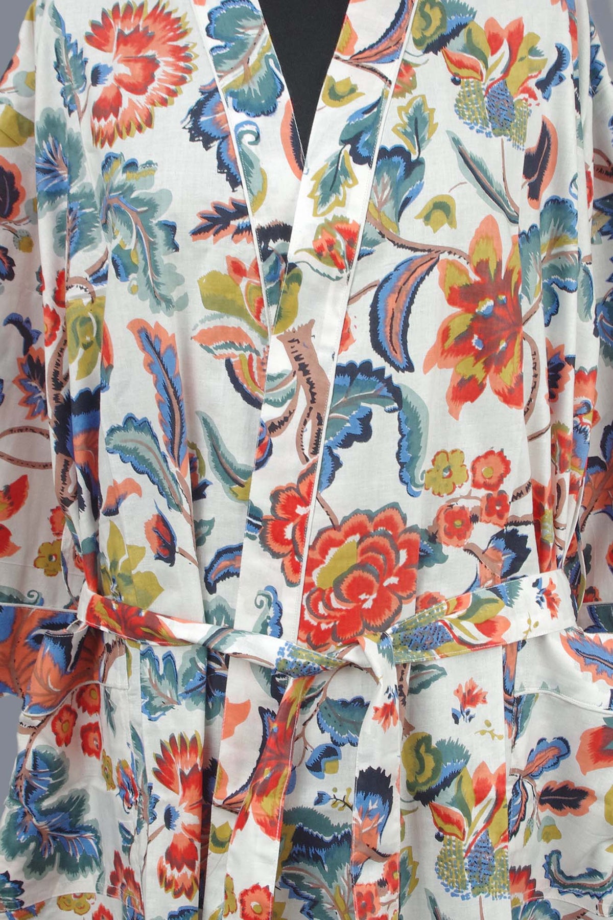 White Paradise Bloom Print Cotton Kimono Dressing Gown