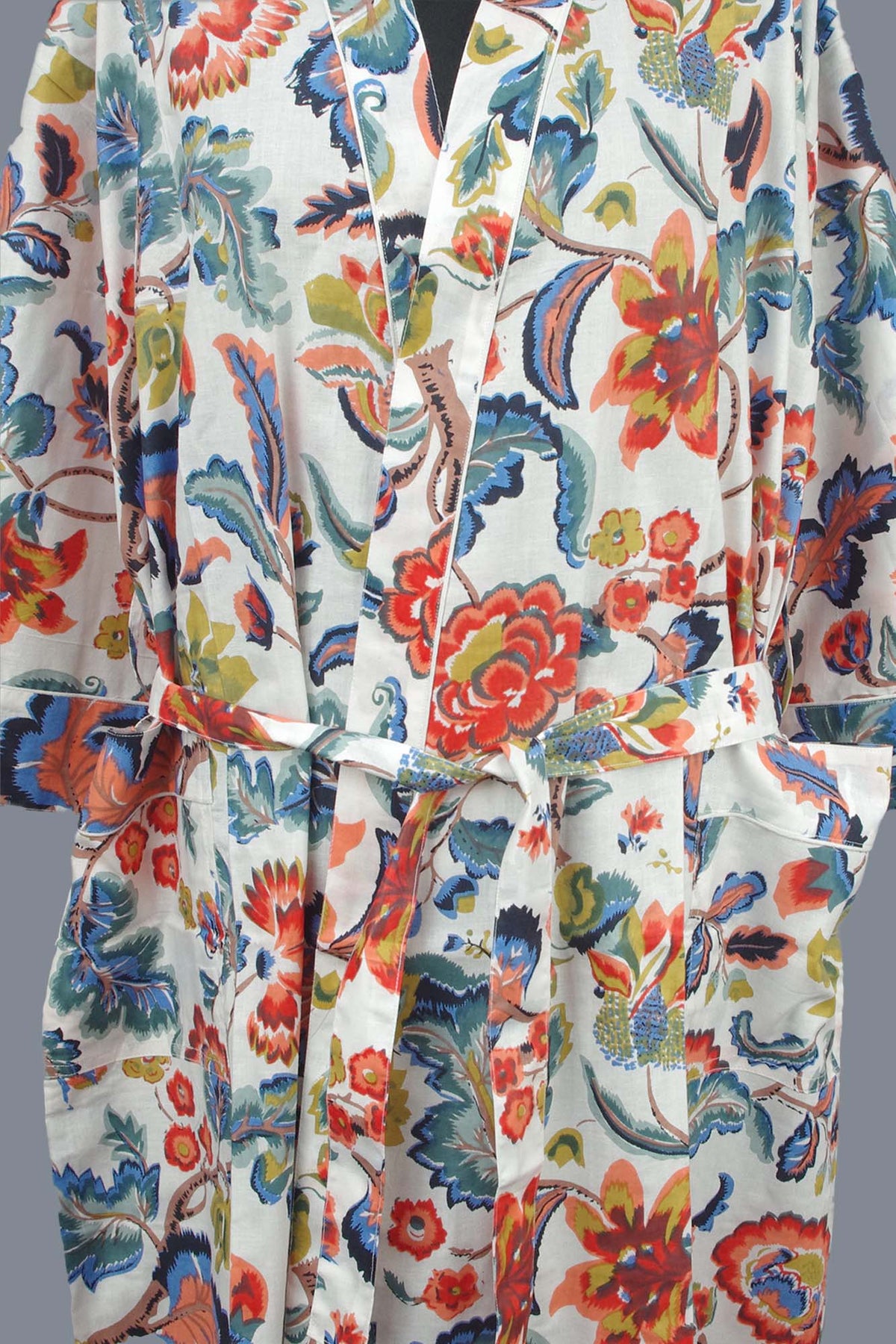 White Paradise Bloom Print Cotton Kimono Dressing Gown