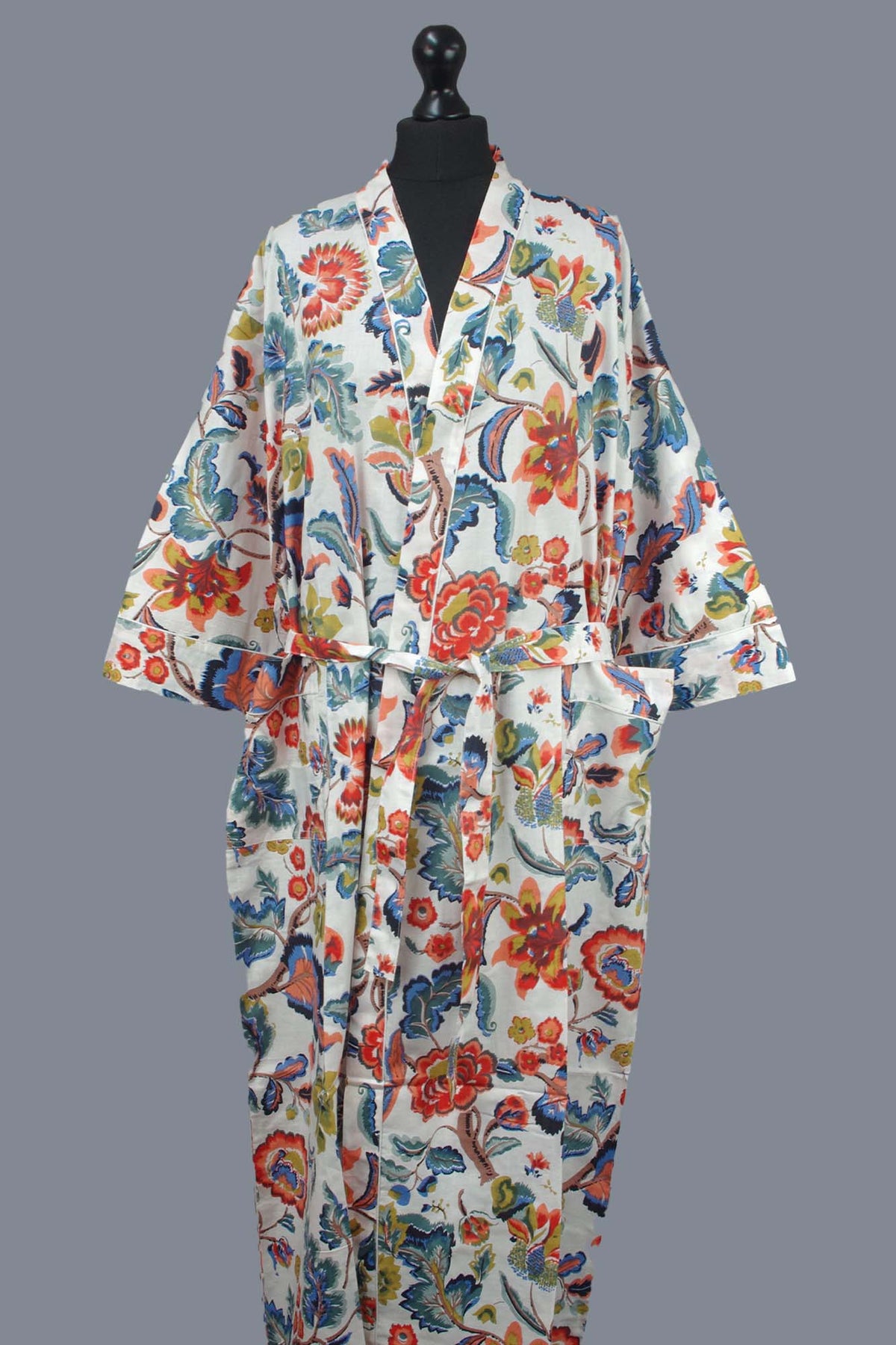 White Paradise Bloom Print Cotton Kimono Dressing Gown