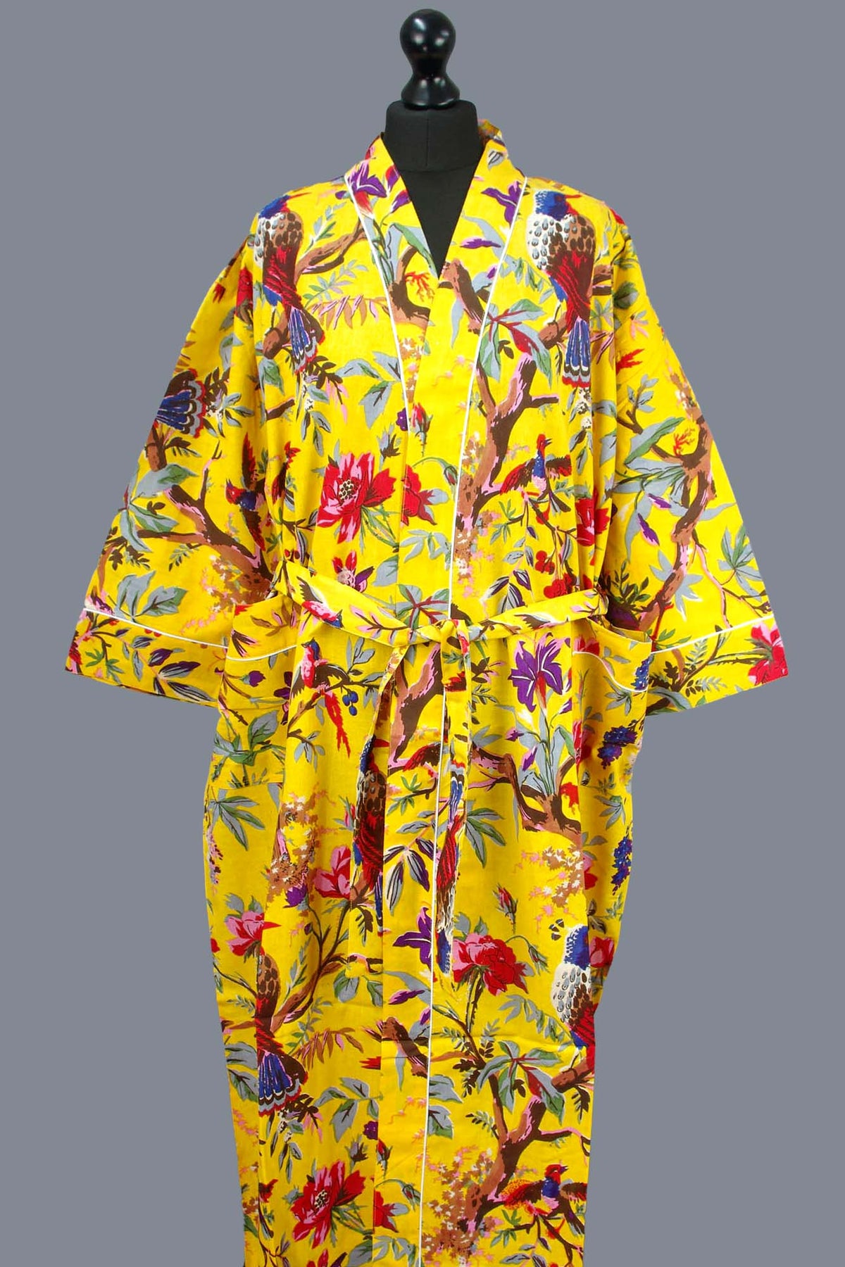 Yellow Birds Tropical Birds Cotton Kimono Dressing Gown
