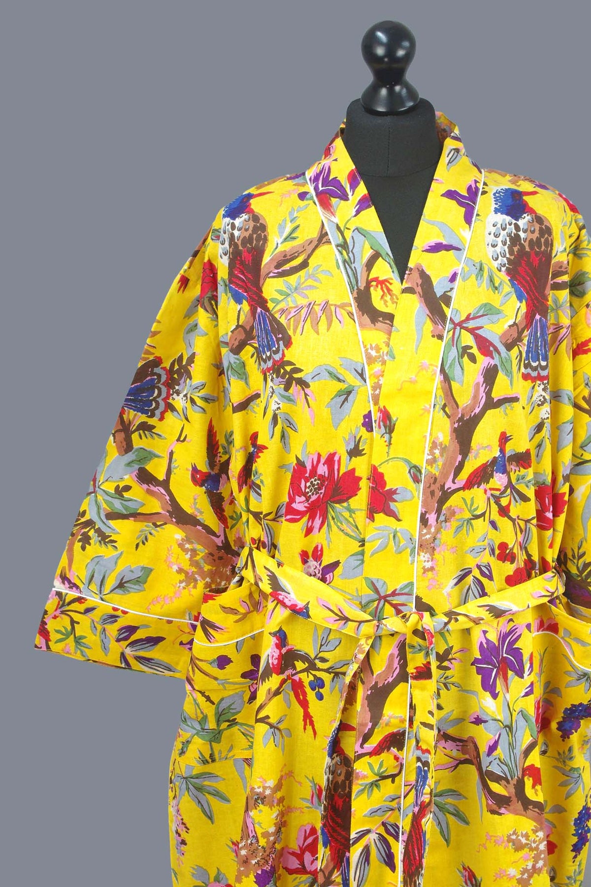 Yellow Birds Tropical Birds Cotton Kimono Dressing Gown