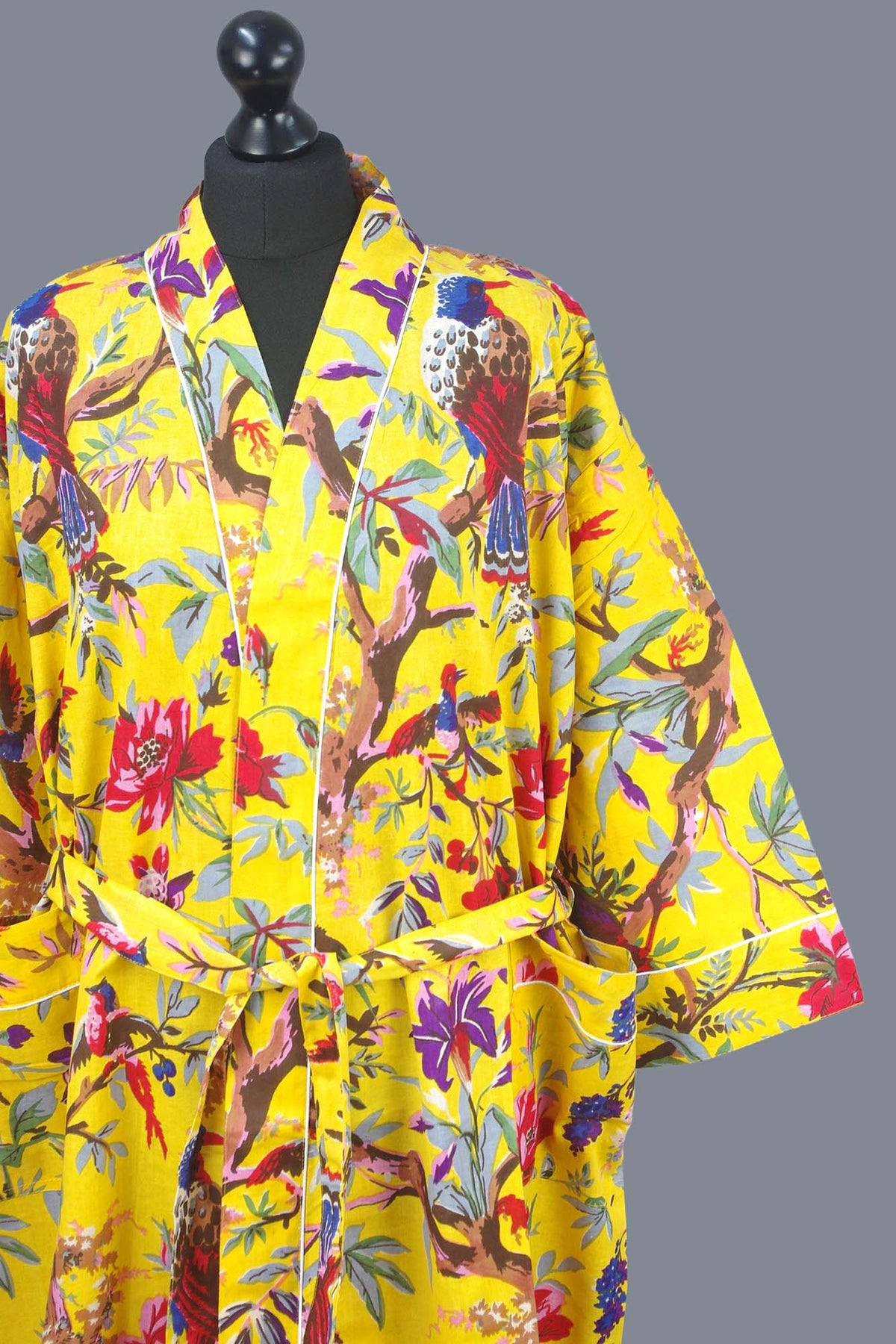 Yellow Birds Tropical Birds Cotton Kimono Dressing Gown