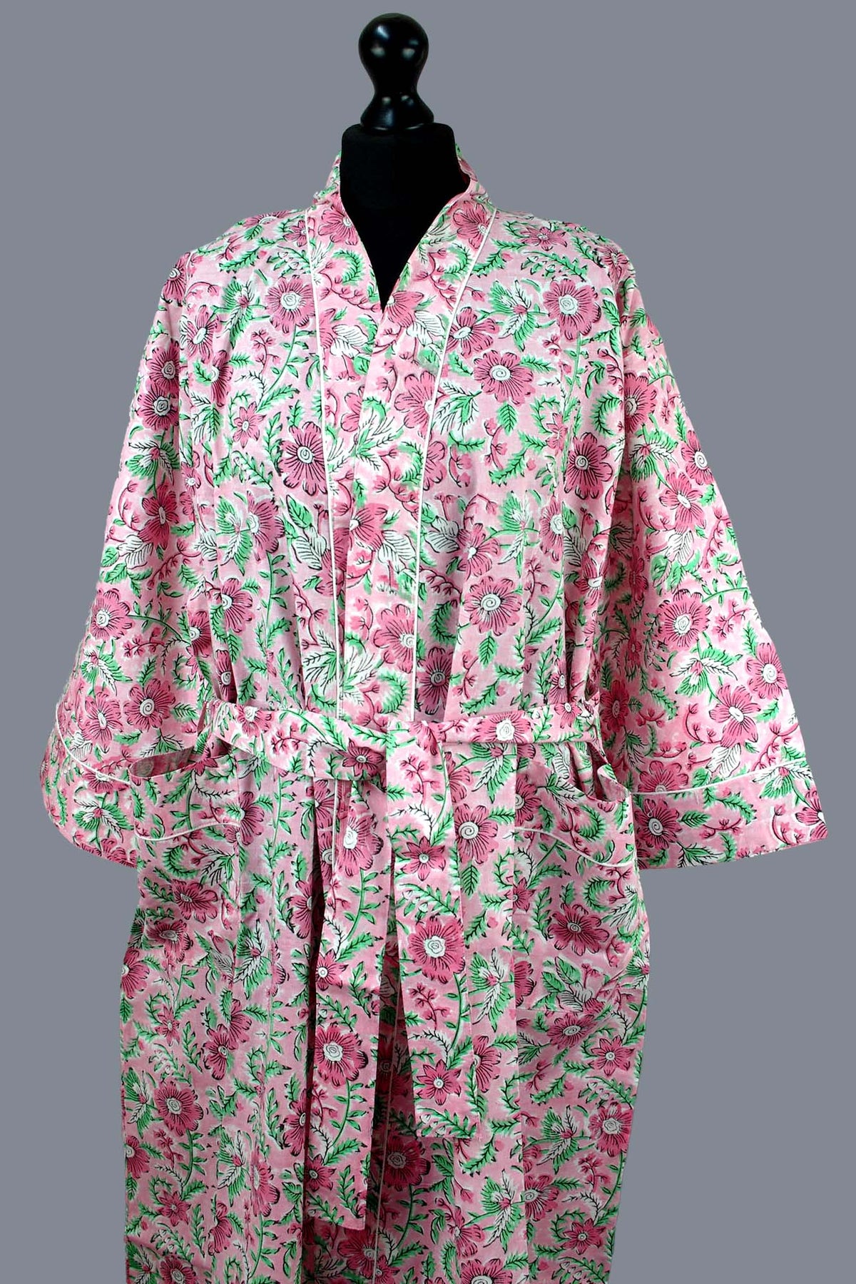 Pink Floral Cotton Kimono Dressing Gown