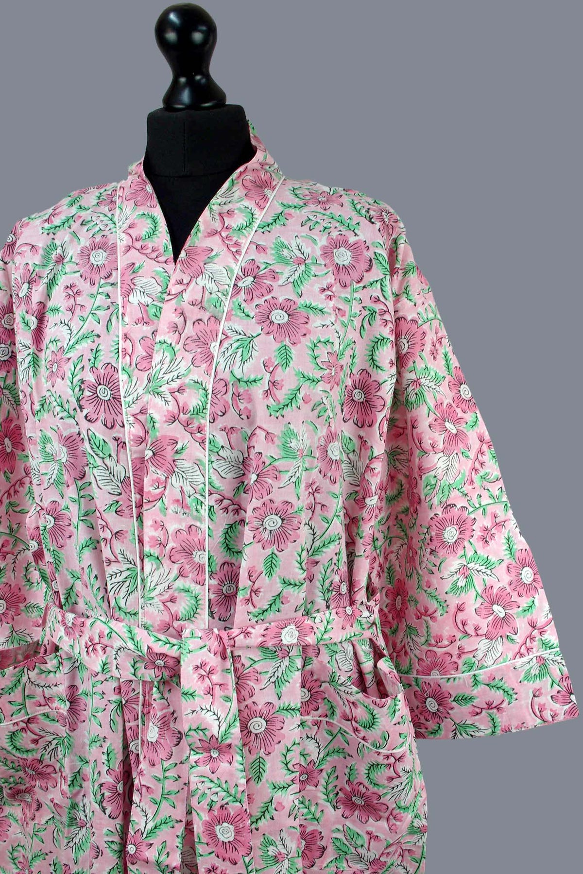 Pink Floral Cotton Kimono Dressing Gown