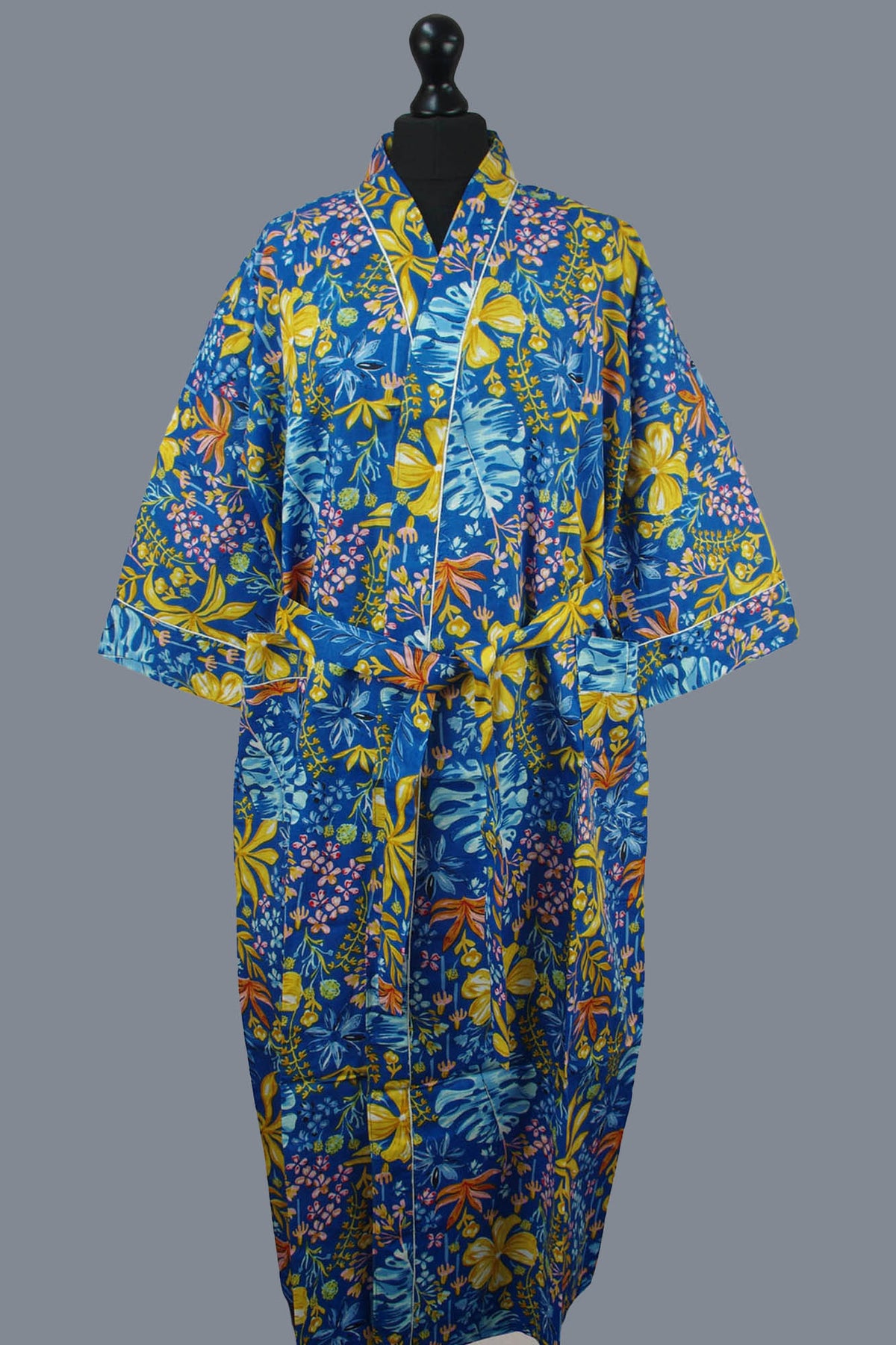 Ocean Blue Floral Cotton Kimono Dressing Gown