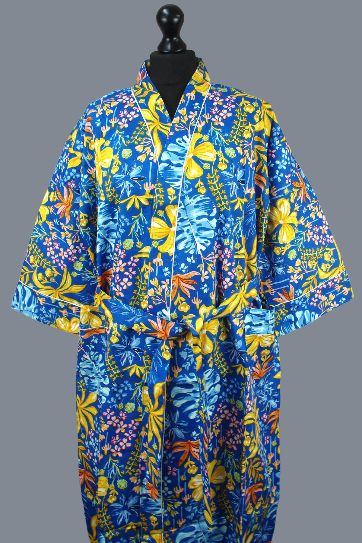 Ocean Blue Floral Cotton Kimono Dressing Gown