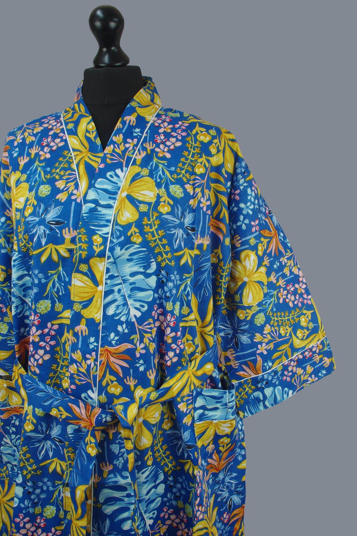 Ocean Blue Floral Cotton Kimono Dressing Gown