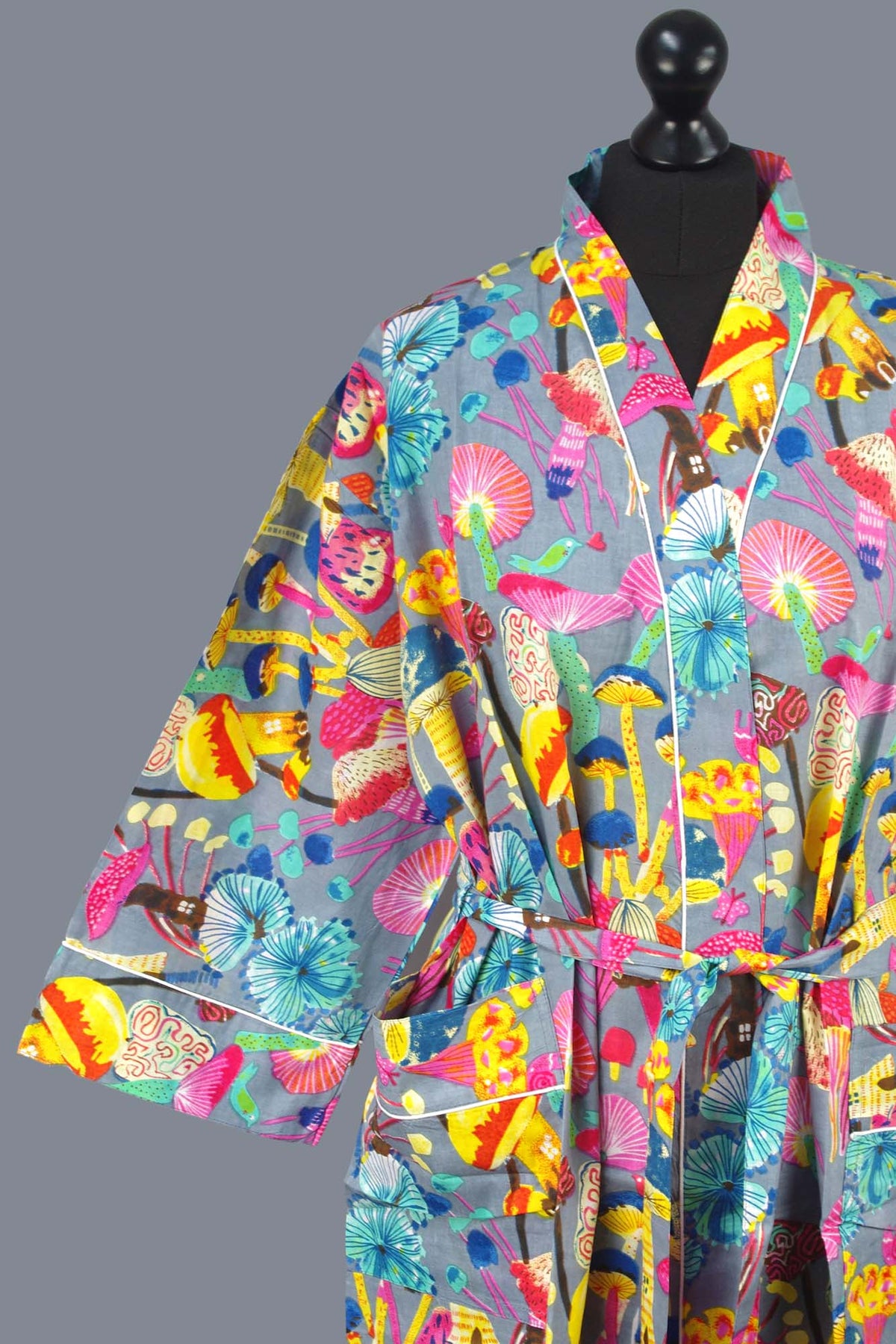 Multicolored Mushrooms On Grey Base Cotton Kimono Dressing Gown