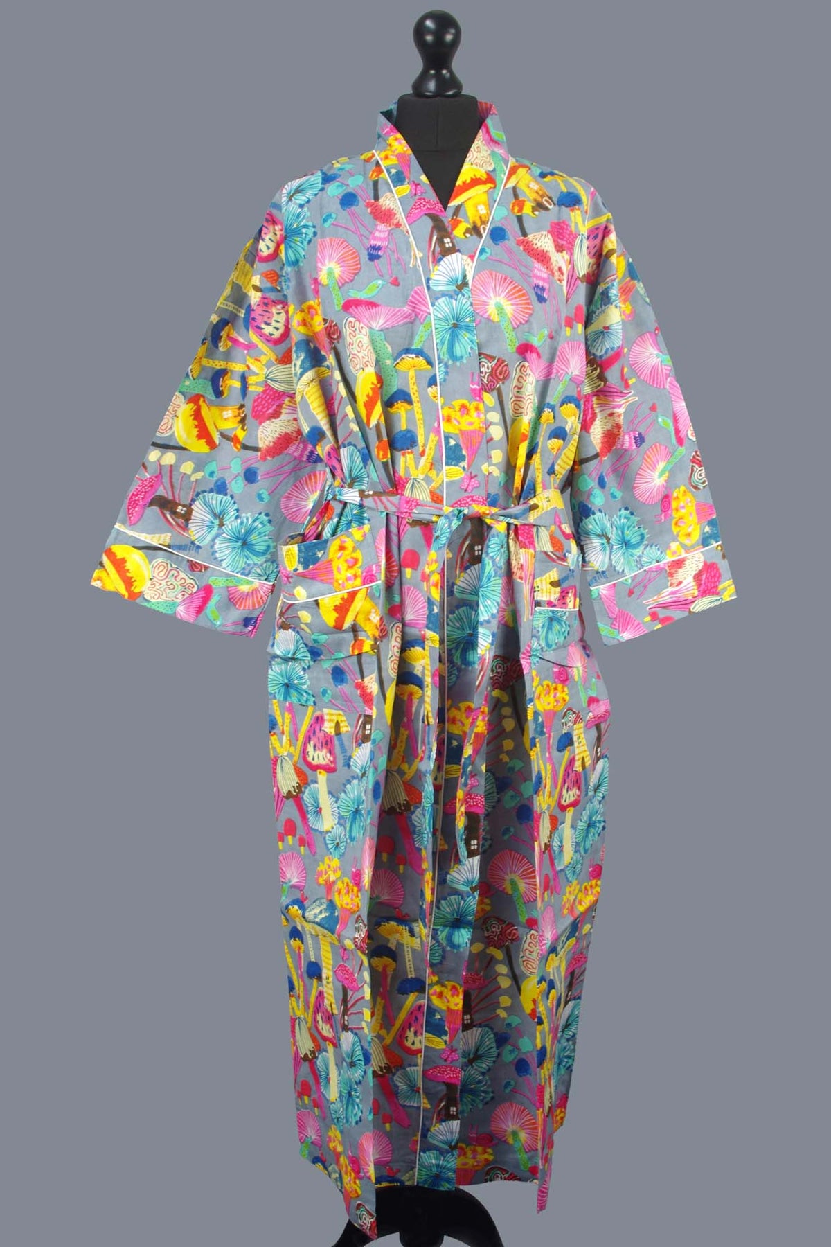 Multicolored Mushrooms On Grey Base Cotton Kimono Dressing Gown
