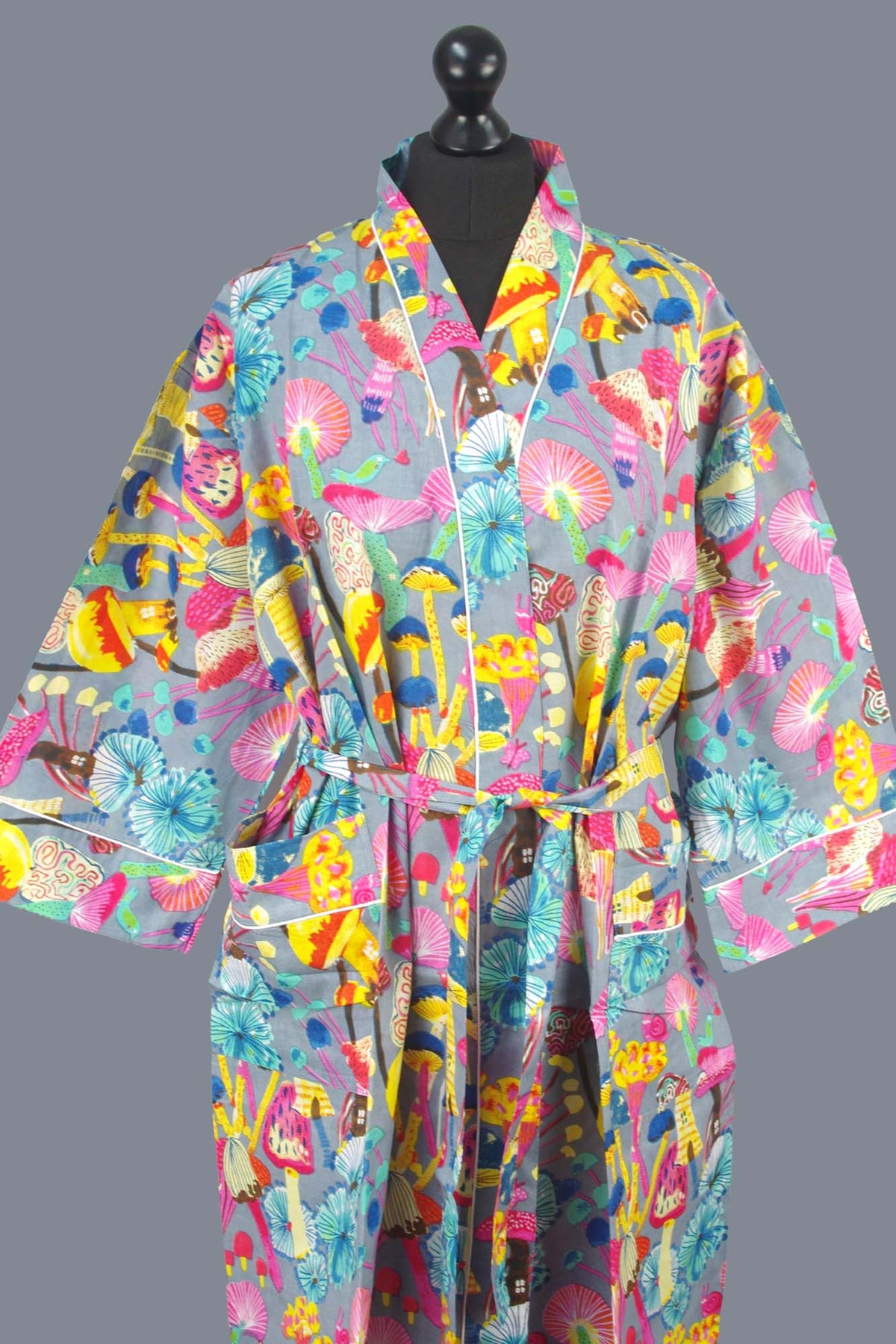 Multicolored Mushrooms On Grey Base Cotton Kimono Dressing Gown