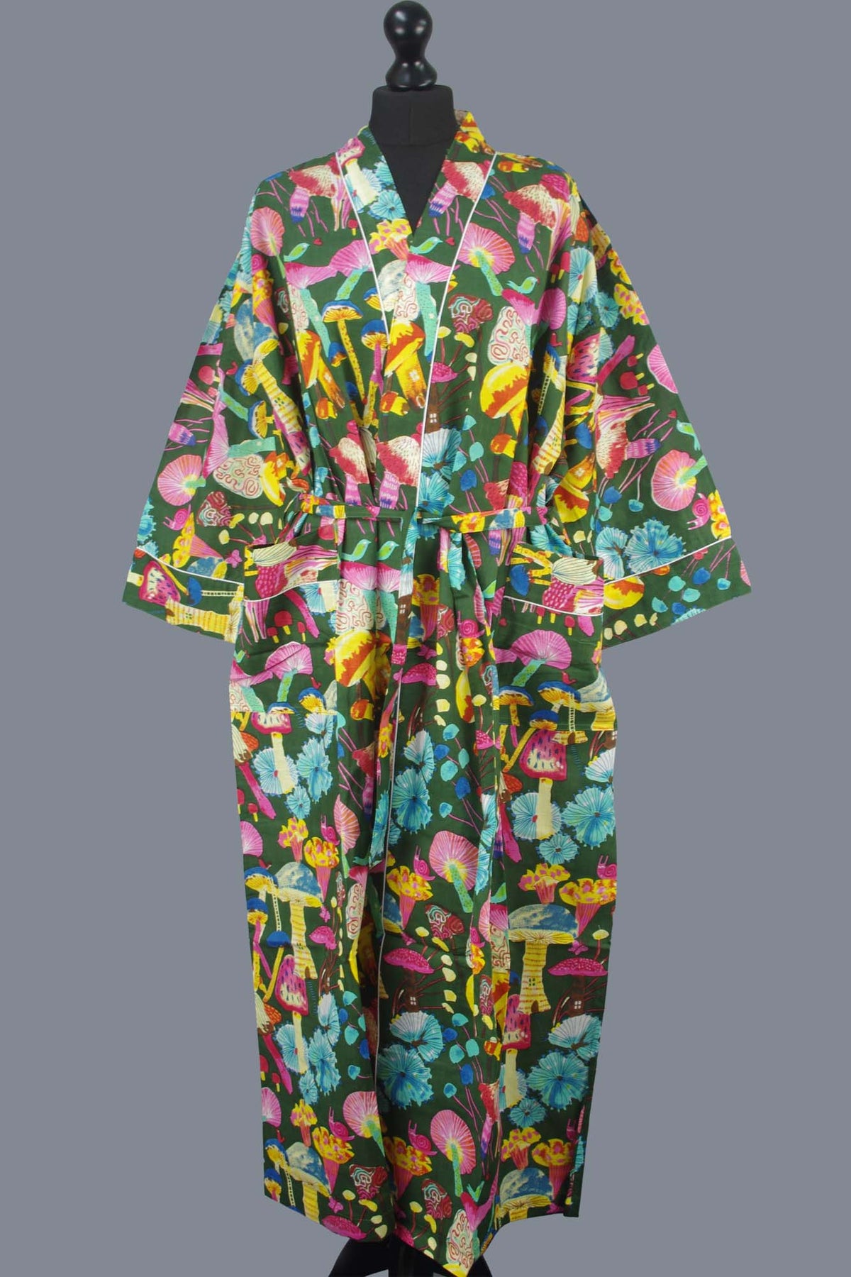 Multicolored Mushrooms On Green Base Cotton Kimono Dressing Gown