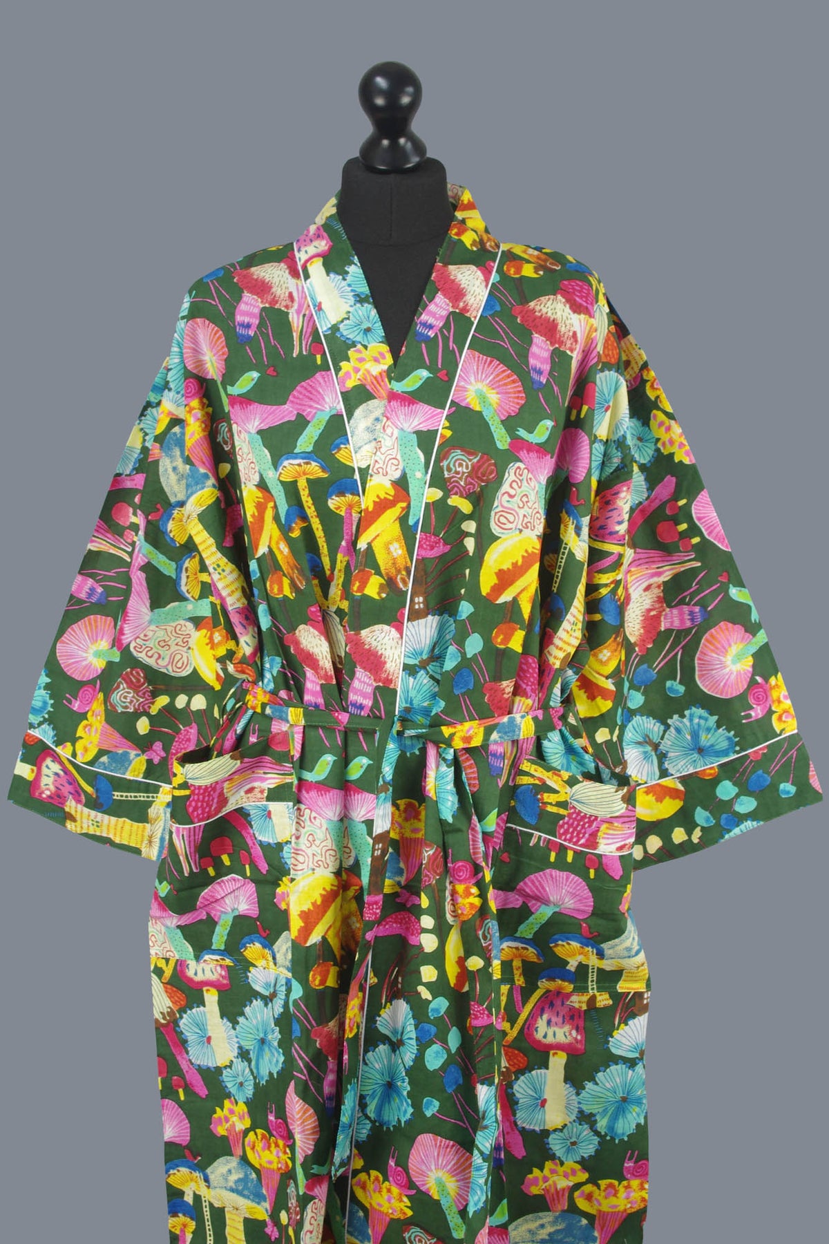 Multicolored Mushrooms On Green Base Cotton Kimono Dressing Gown