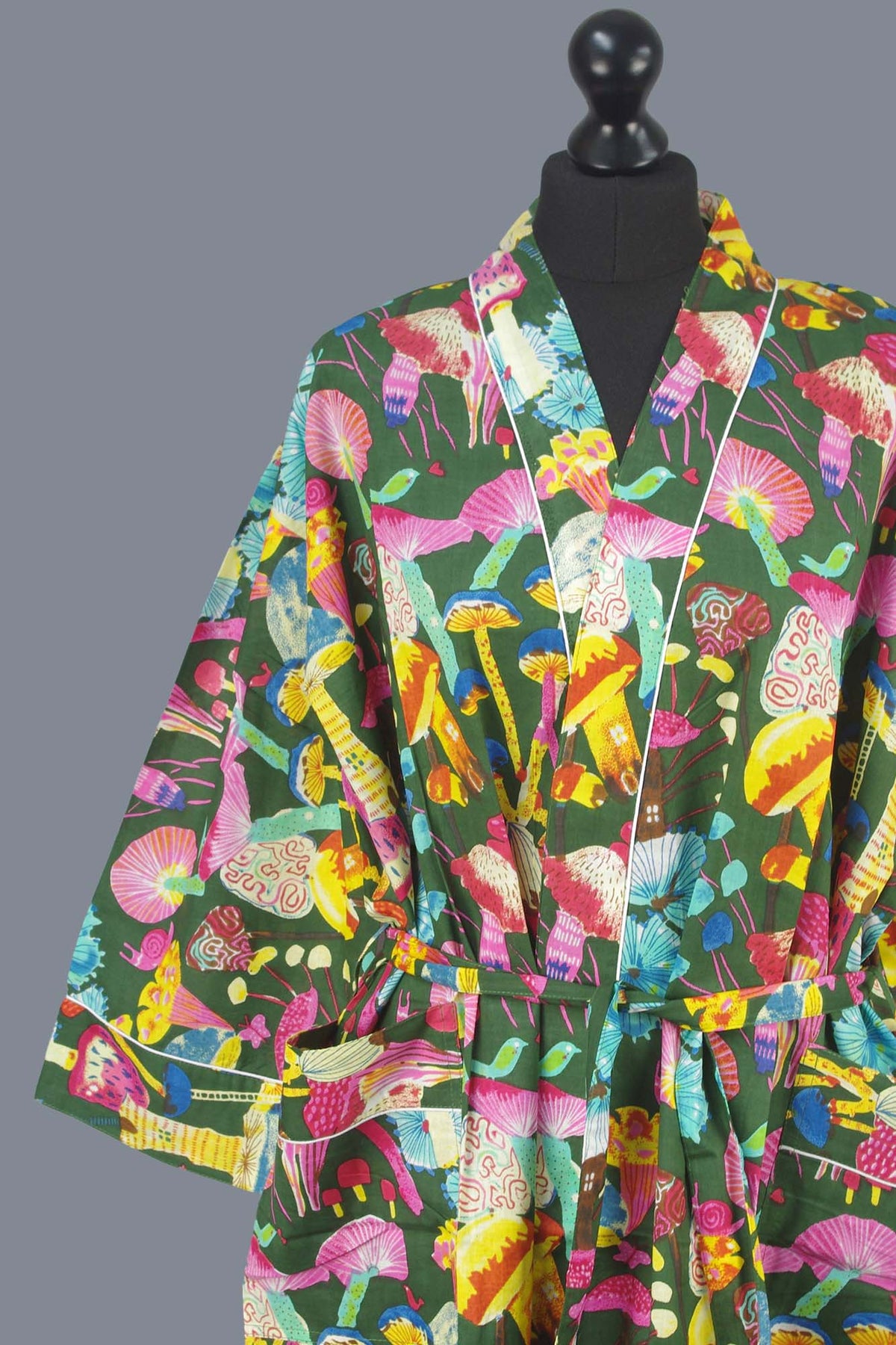 Multicolored Mushrooms On Green Base Cotton Kimono Dressing Gown