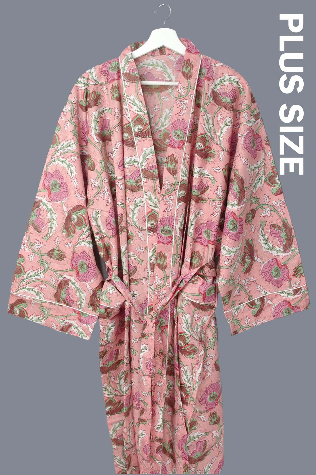 Plus Size Poppy Flowers Long Cotton Kimono Dressing Gown