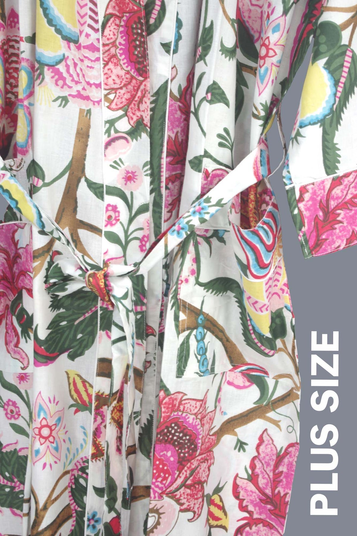 Plus Size Tropical Forest On Pink Print Cotton Kimono Dressing Gown