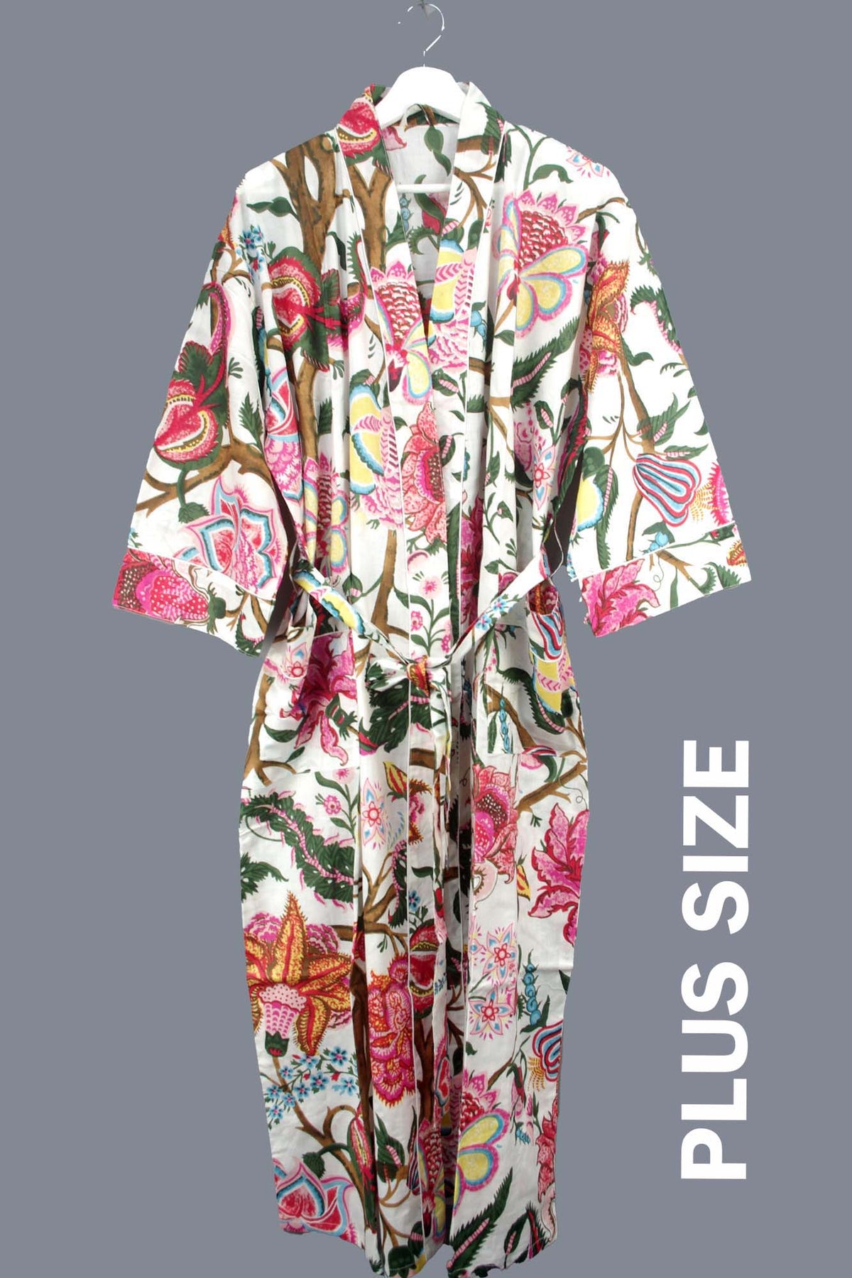 Plus Size Tropical Forest On Pink Print Cotton Kimono Dressing Gown