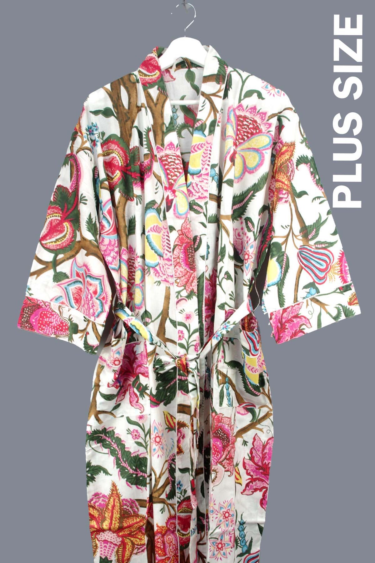Plus Size Tropical Forest On Pink Print Cotton Kimono Dressing Gown