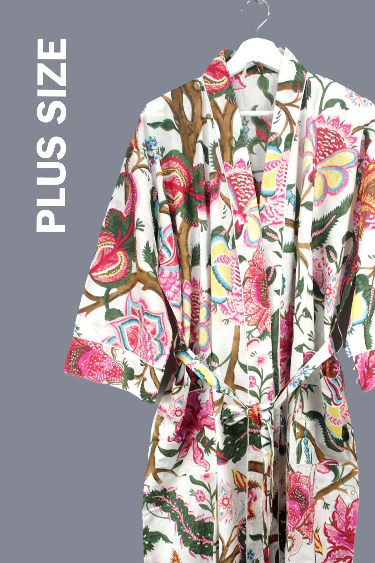 Plus Size Tropical Forest On Pink Print Cotton Kimono Dressing Gown