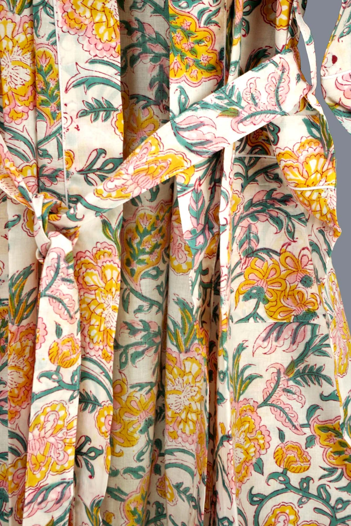 Yellow & White Blossom Block Print Cotton Kimono Dressing Gown