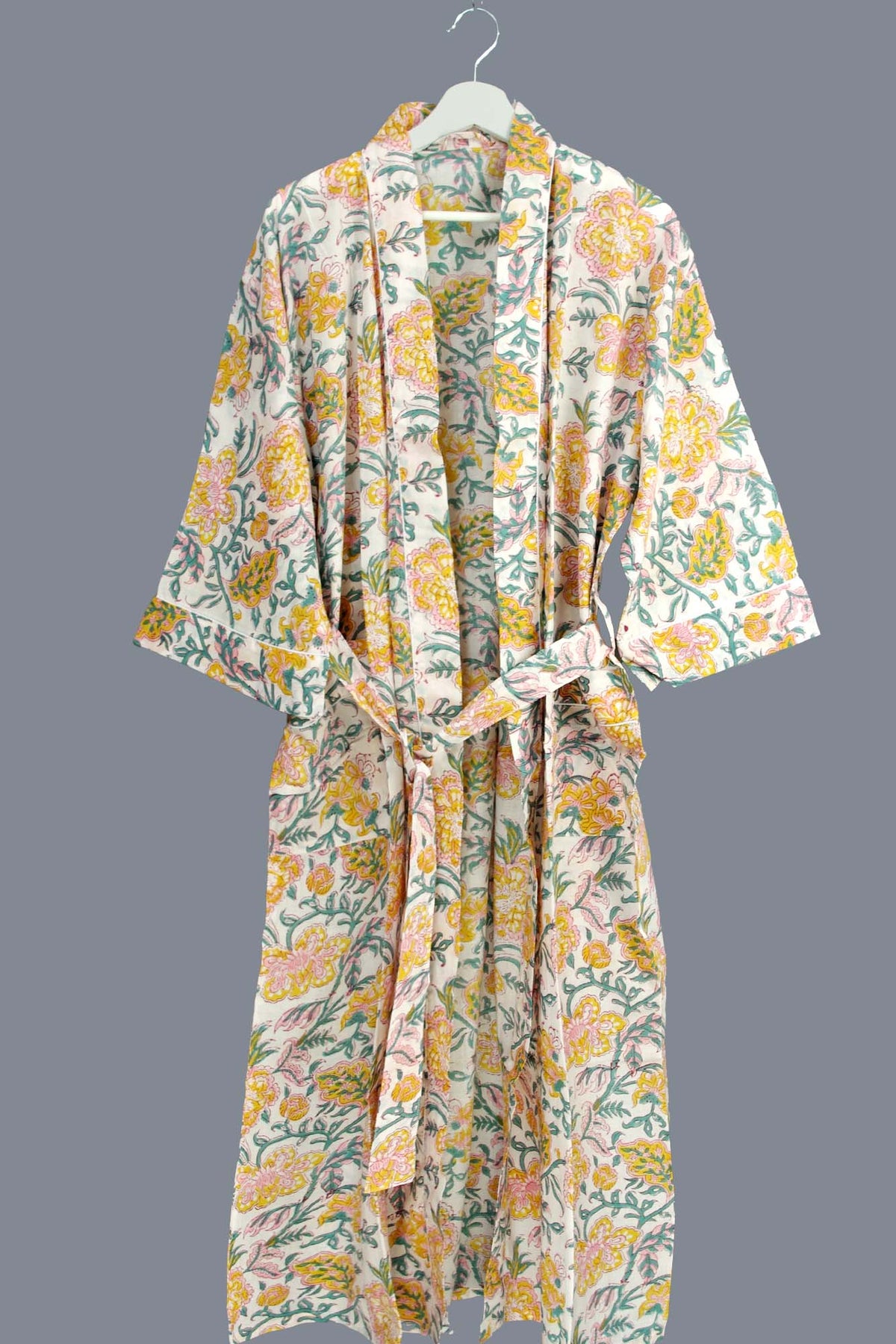 Yellow & White Blossom Block Print Cotton Kimono Dressing Gown