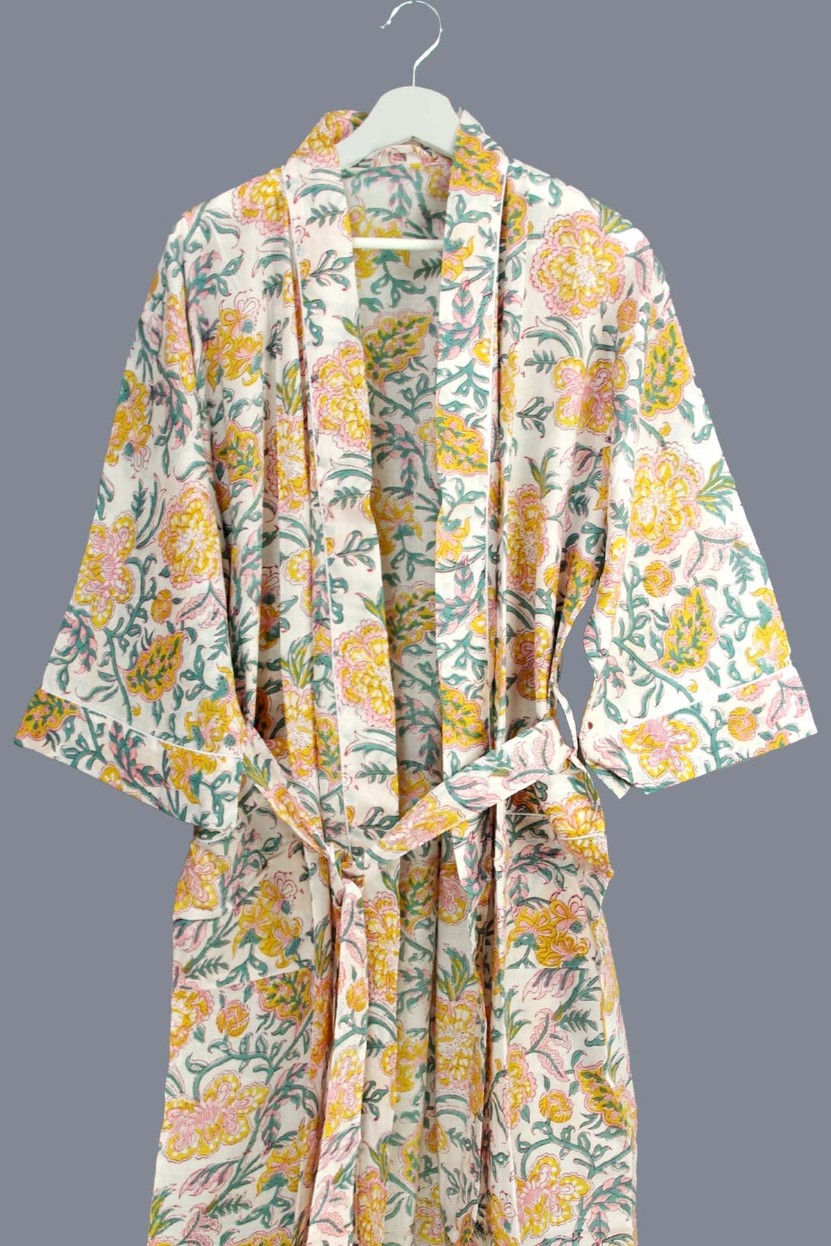 Yellow & White Blossom Block Print Cotton Kimono Dressing Gown