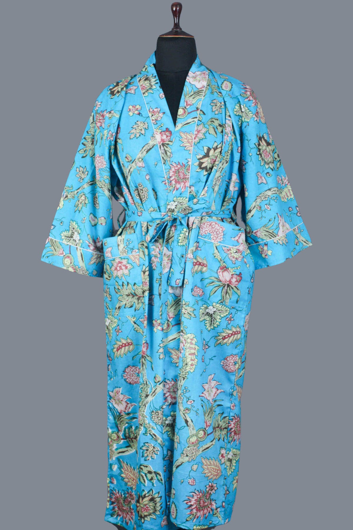 Wildflowers On Blue Base Cotton Kimono Dressing Gown