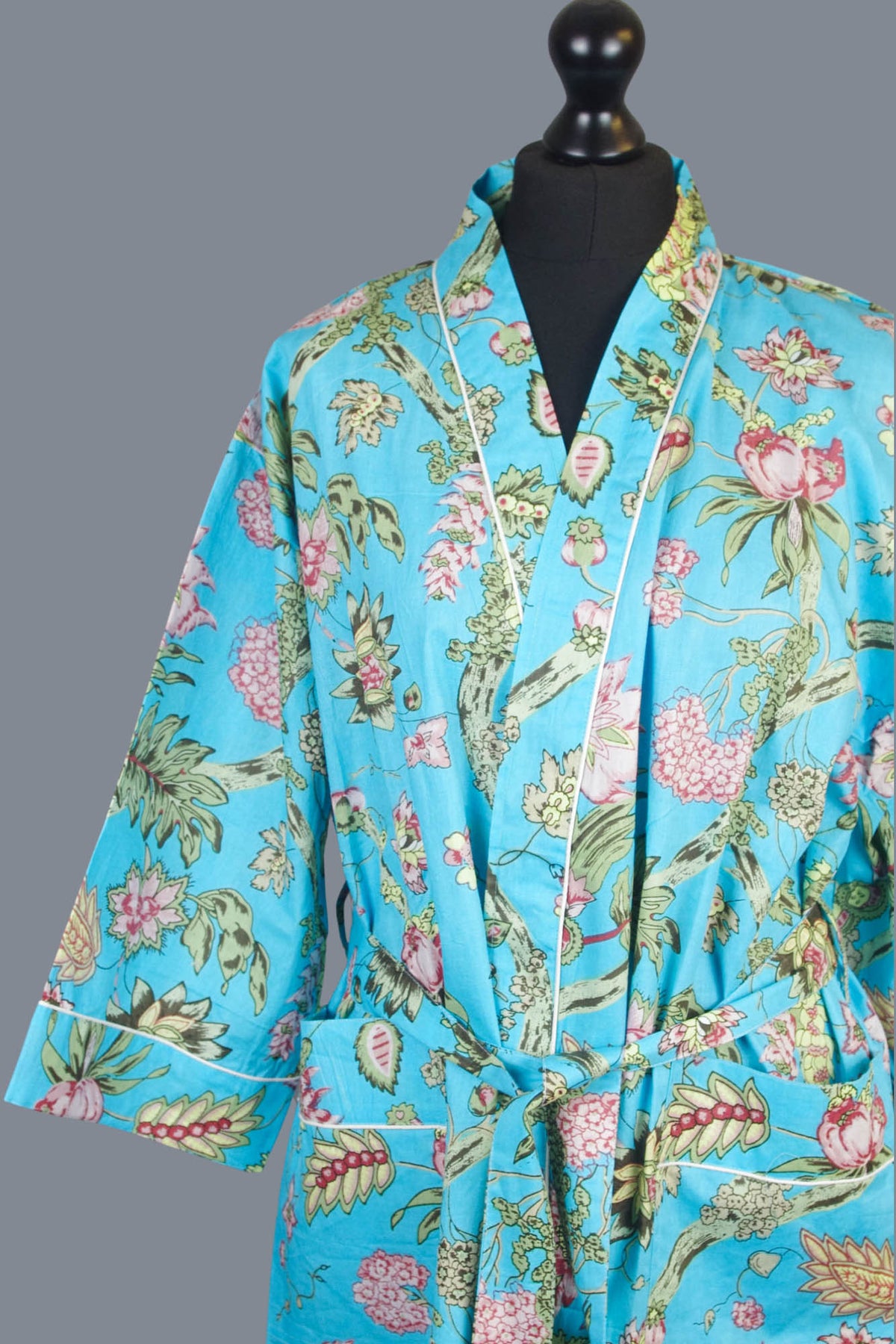 Wildflowers On Blue Base Cotton Kimono Dressing Gown