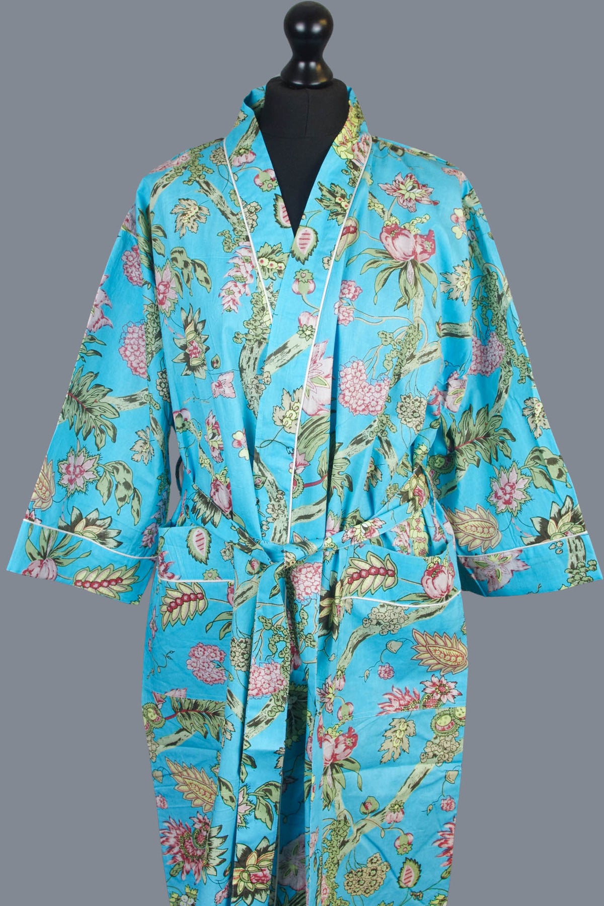 Wildflowers On Blue Base Cotton Kimono Dressing Gown
