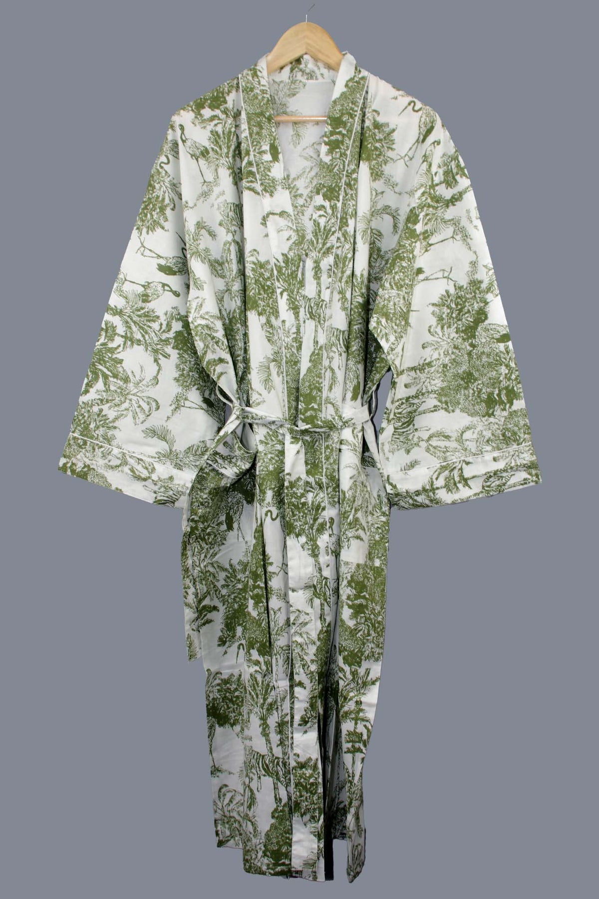 Olive Green & White Jungle Print Long Cotton Kimono Dressing Gown