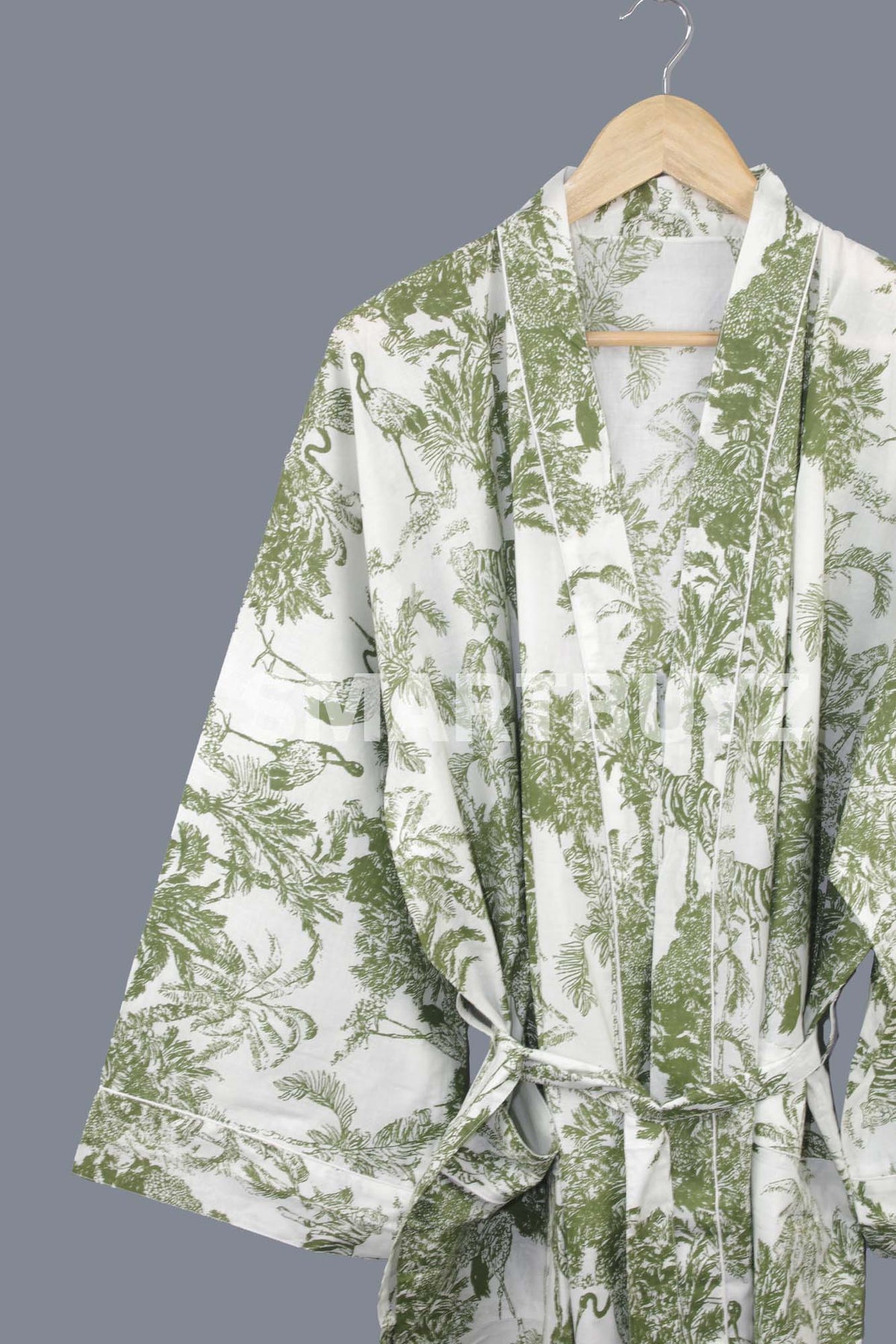 Olive Green & White Jungle Print Long Cotton Kimono Dressing Gown