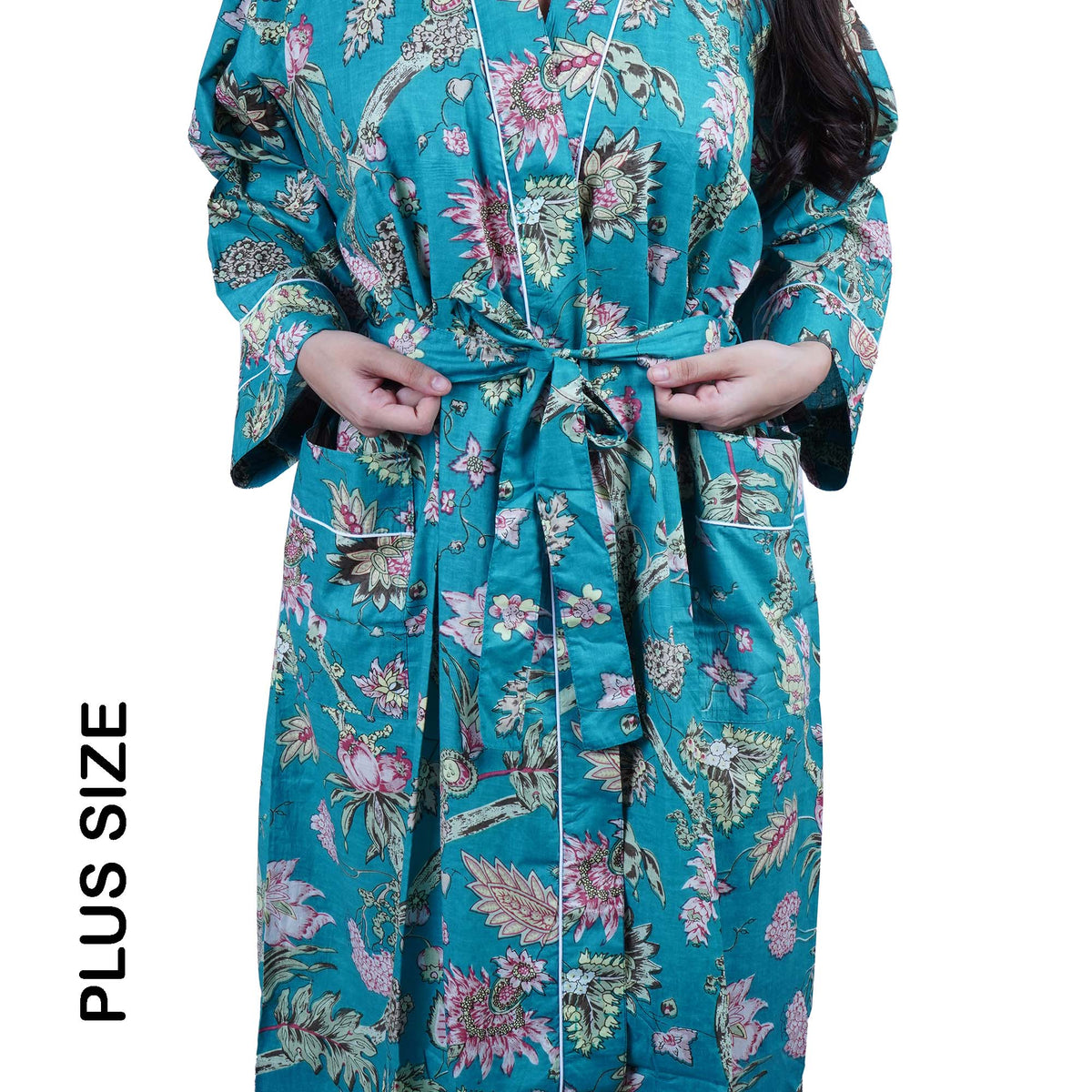 Schwarzer Frida Kahlo Kimono-Bademantel aus Baumwolle mit Blumendruck