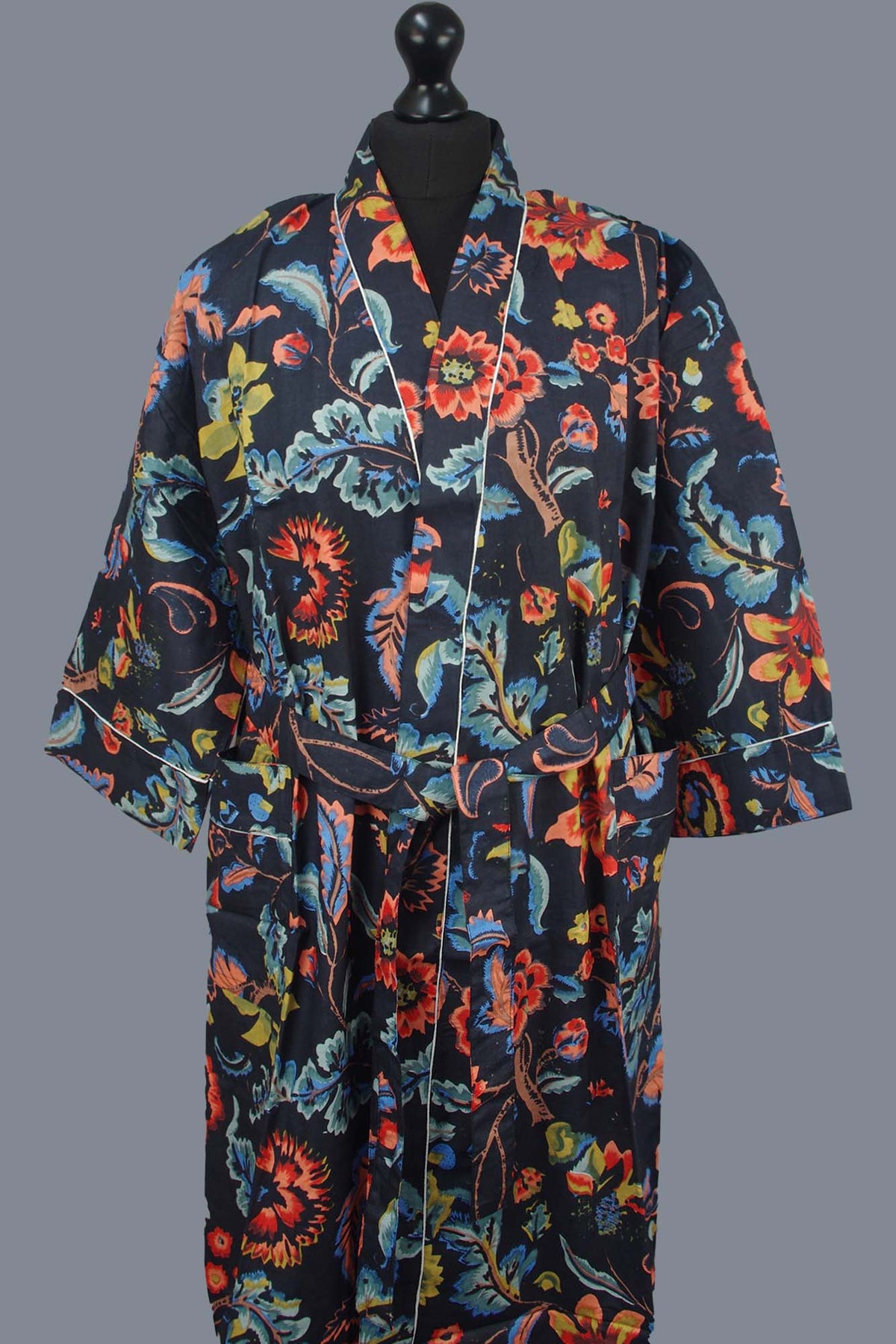Black Paradise Bloom Print Cotton Kimono Dressing Gown