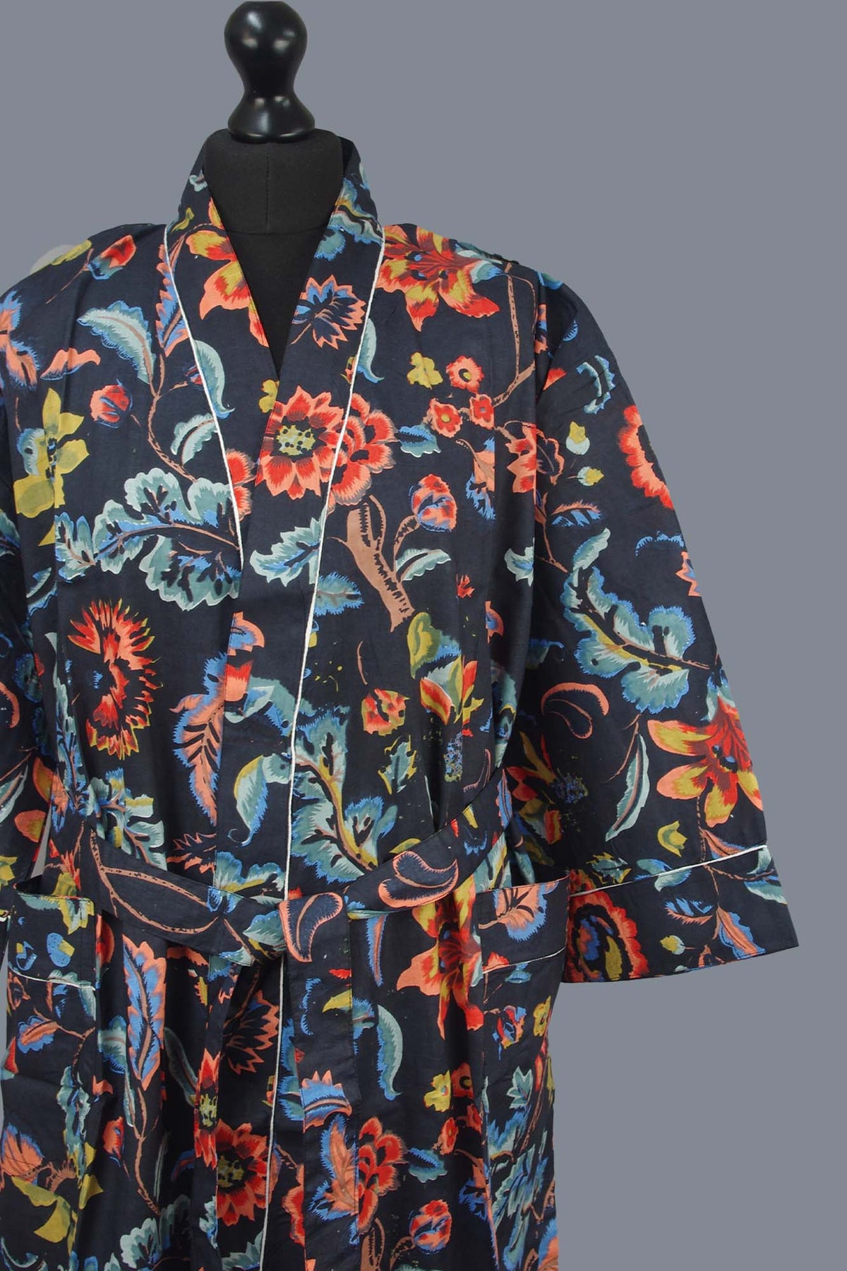 Black Paradise Bloom Print Cotton Kimono Dressing Gown